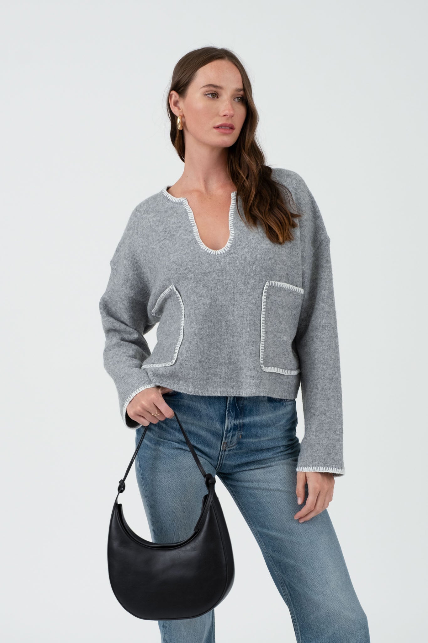 CONTRAST STITCH LONG SLEEVE POCKET SWEATER