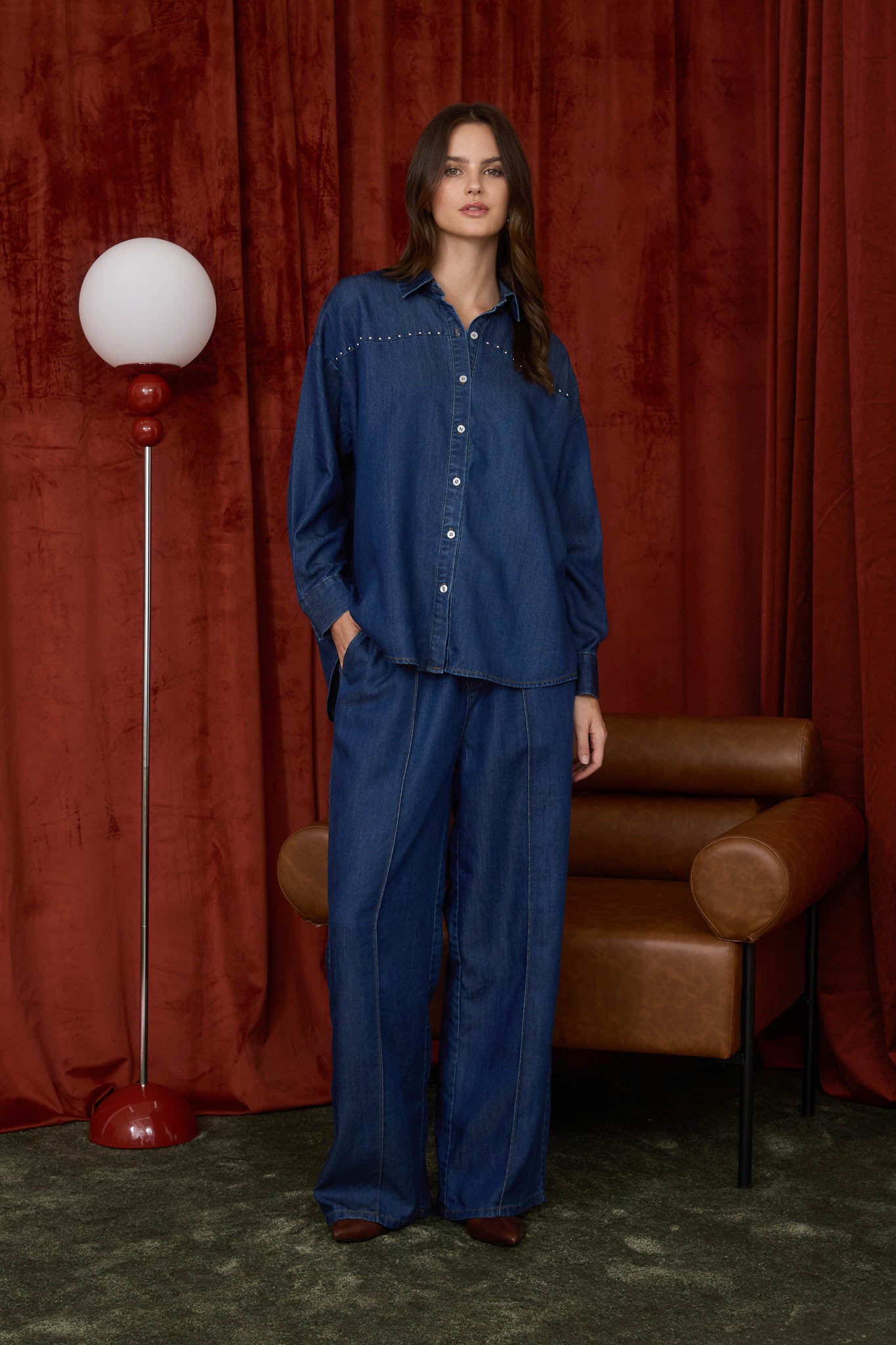 FRONT SEAM DETAIL DRAWSTRING  DENIM PANTS (PRE-ORDER)
