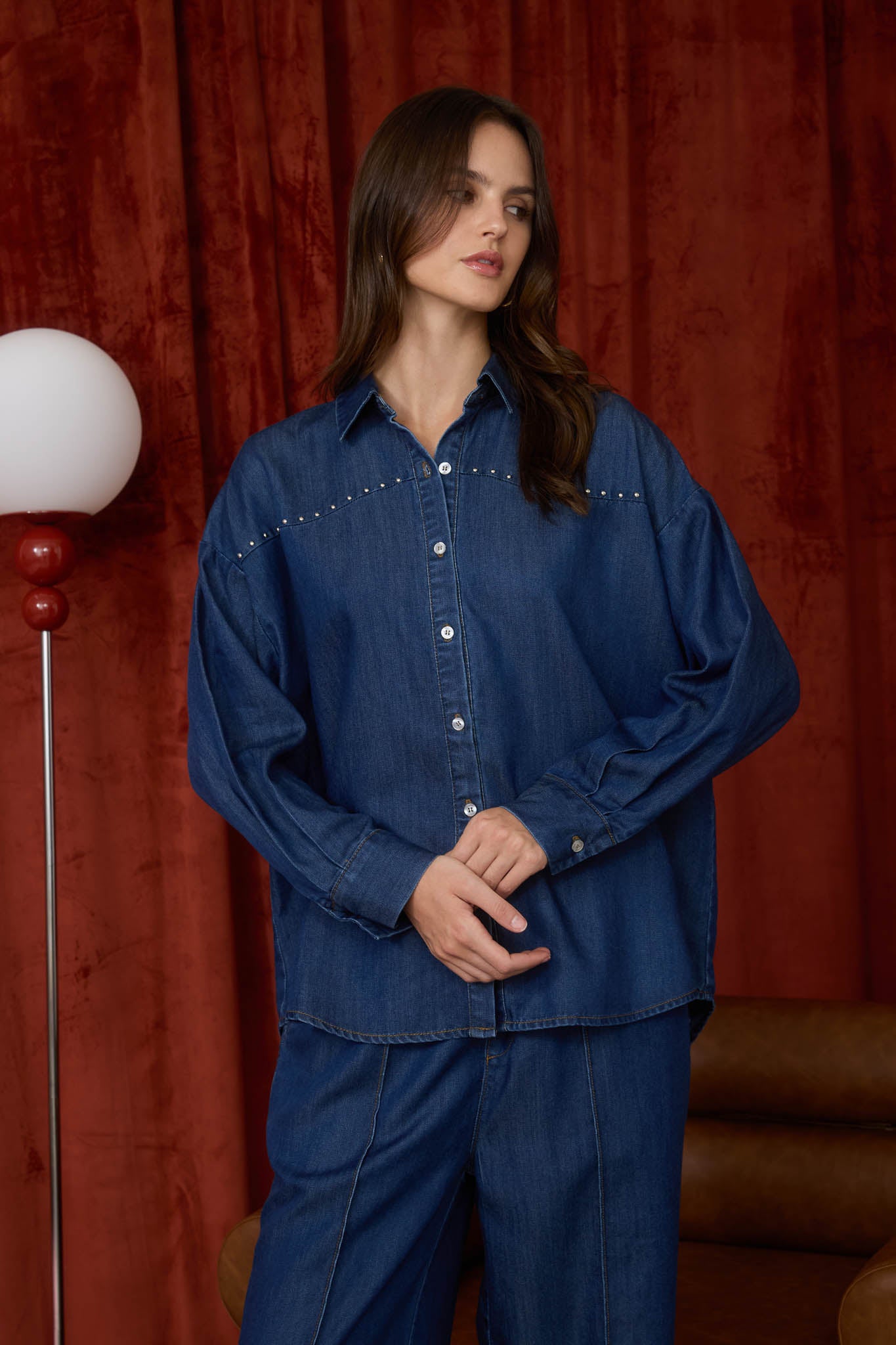 COLLARED BUTTON DOWN STUD DETAIL DENIM SHIRT (PRE-ORDER)