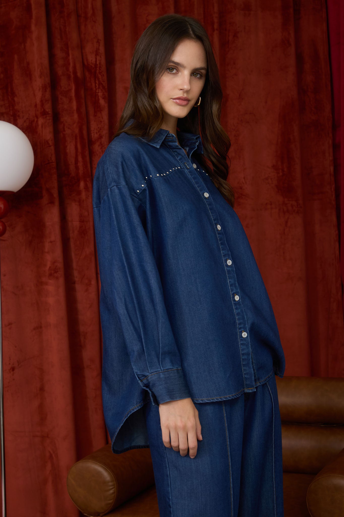 COLLARED BUTTON DOWN STUD DETAIL DENIM SHIRT (PRE-ORDER)