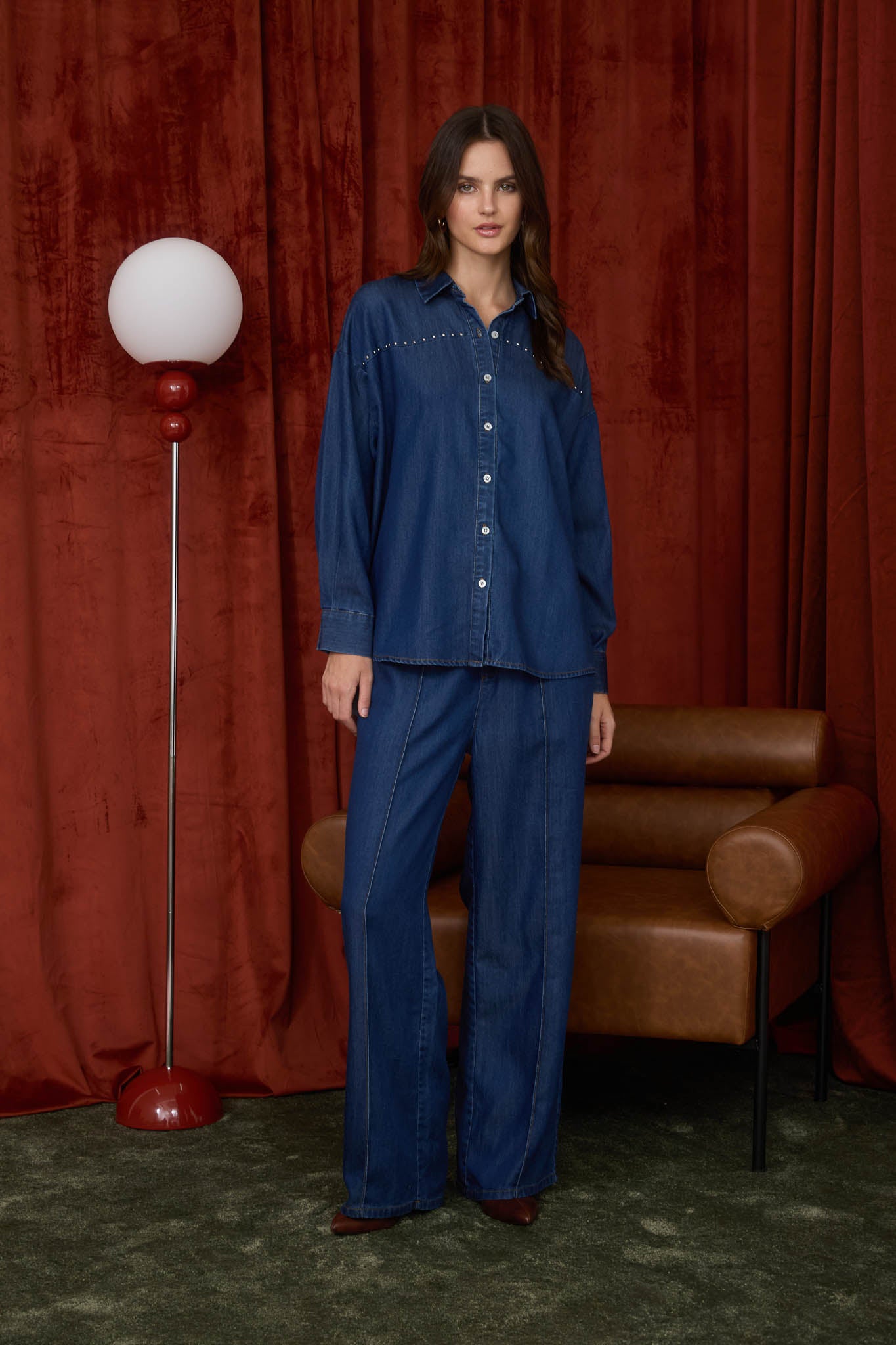 COLLARED BUTTON DOWN STUD DETAIL DENIM SHIRT (PRE-ORDER)