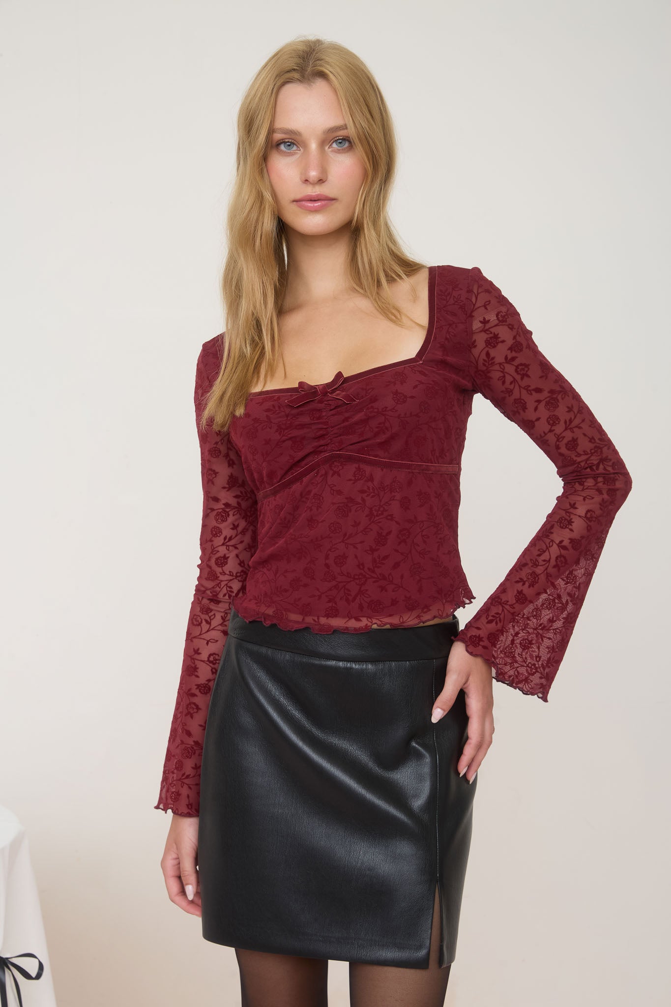 VELVET FLORAL PRINT LONG SHEER SLEEVE KNIT TOP (PRE-ORDER)