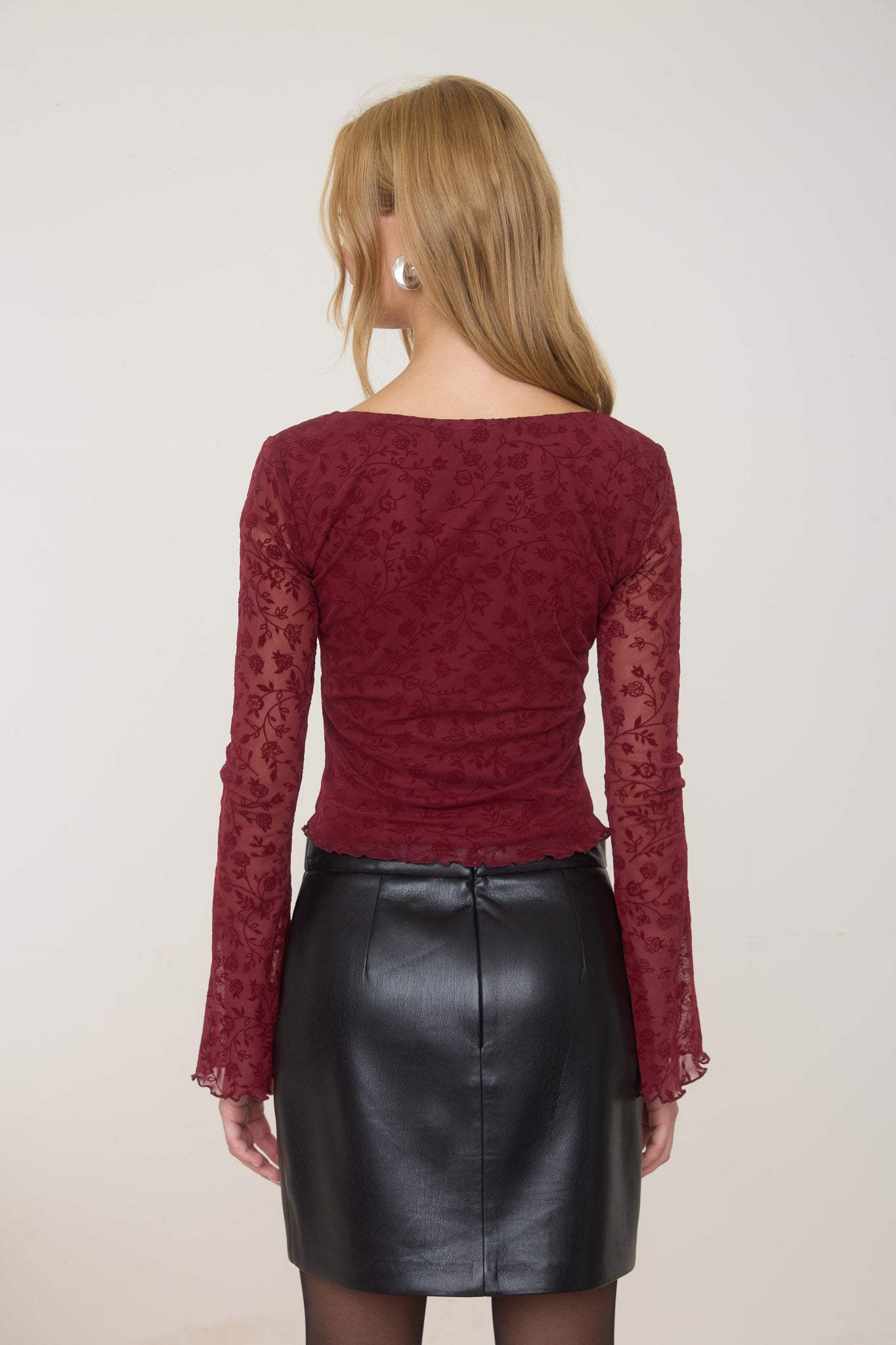 VELVET FLORAL PRINT LONG SHEER SLEEVE KNIT TOP (PRE-ORDER)