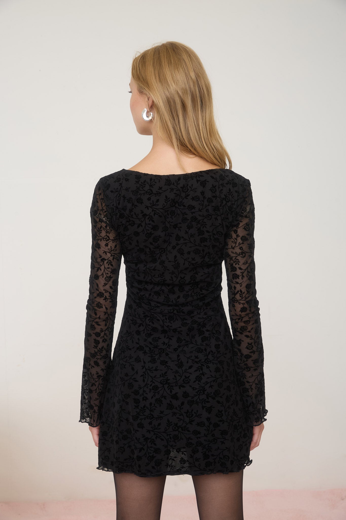 VELVET FLORAL PRINT LONG SHEER SLEEVE MINI DRESS (PRE-ORDER)