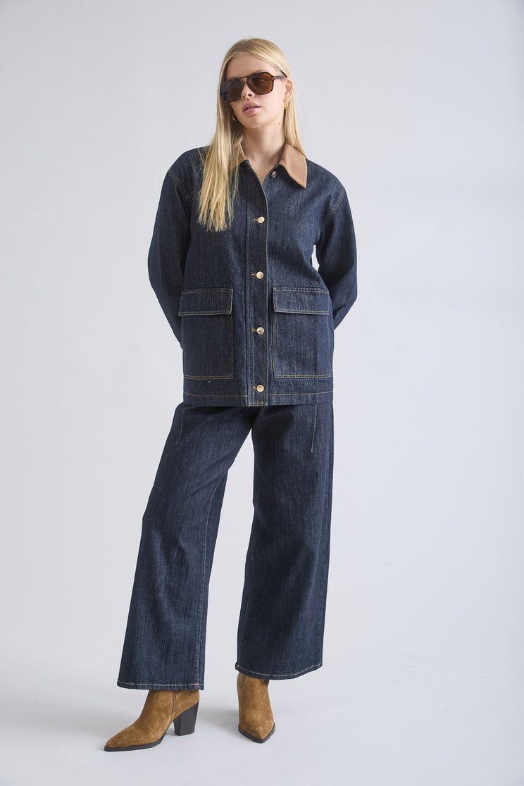 CORDUROY COLLAR  POCKET DETAIL DENIM JACKET