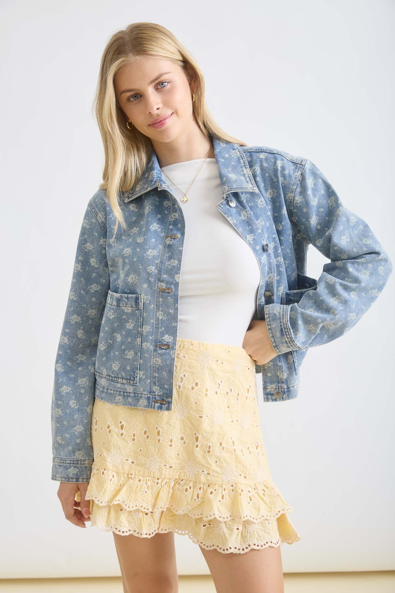 FLORAL WASHED DENIM COLLARED BUTTON DOWN JACKET (PRE-ORDER)