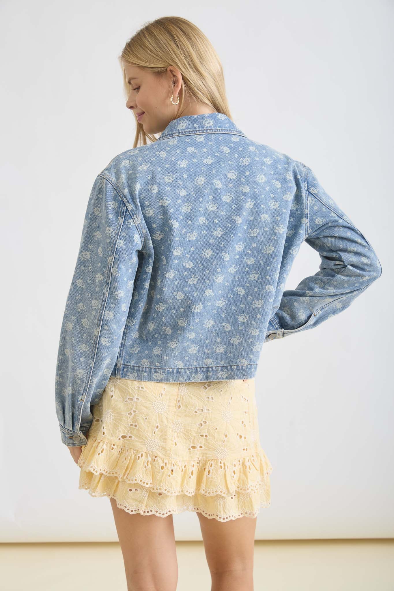 FLORAL WASHED DENIM COLLARED BUTTON DOWN JACKET (PRE-ORDER)