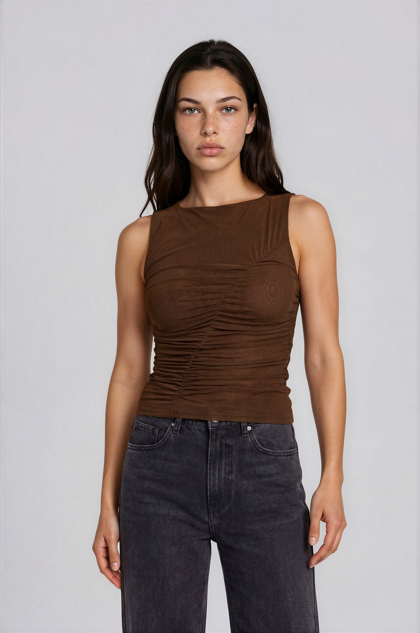 MESH BOAT NECK RUCHED FRONT SLEEVELESS KNIT TOP