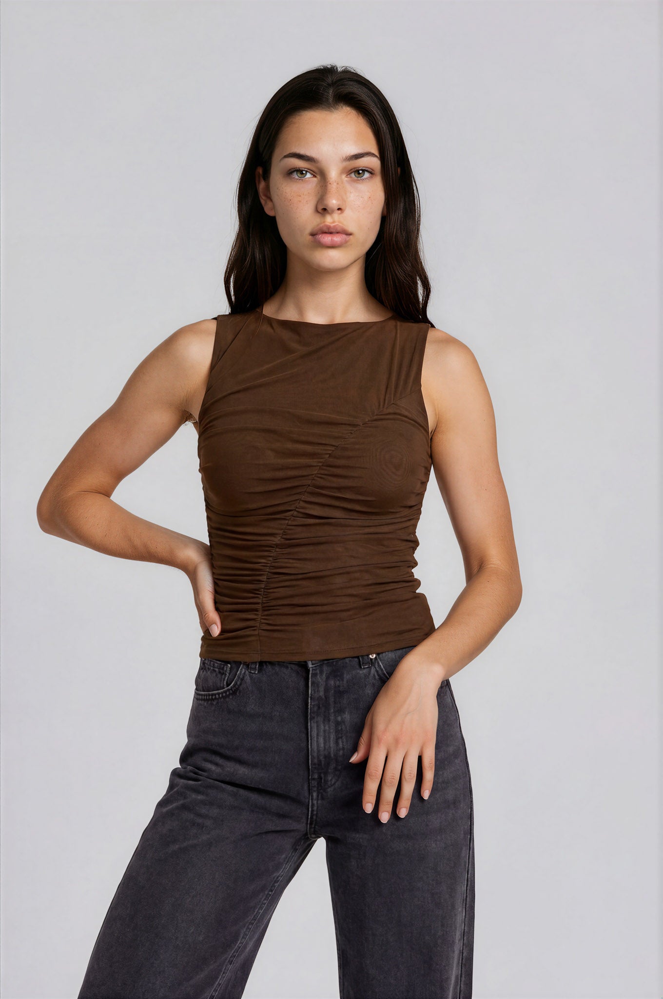 MESH BOAT NECK RUCHED FRONT SLEEVELESS KNIT TOP