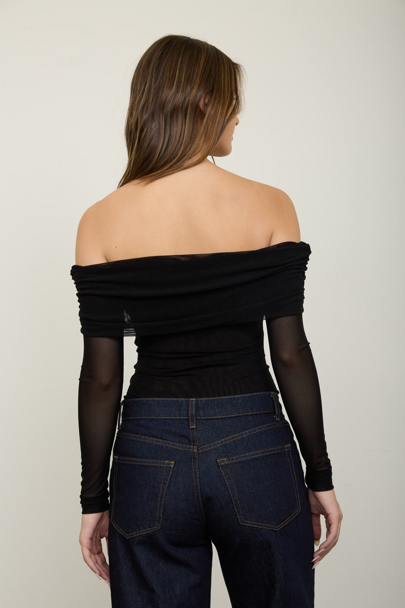 OFF-SHOULDER SHEER LONG SLEEVE MESH BODYSUIT