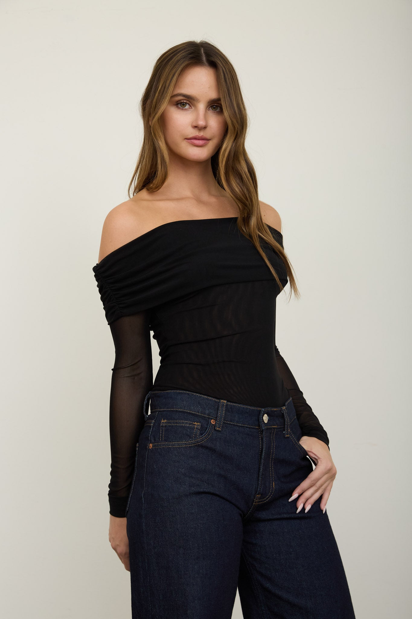 OFF-SHOULDER SHEER LONG SLEEVE MESH BODYSUIT