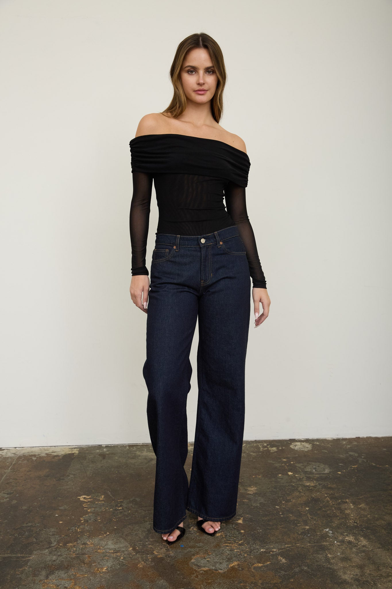 OFF-SHOULDER SHEER LONG SLEEVE MESH BODYSUIT