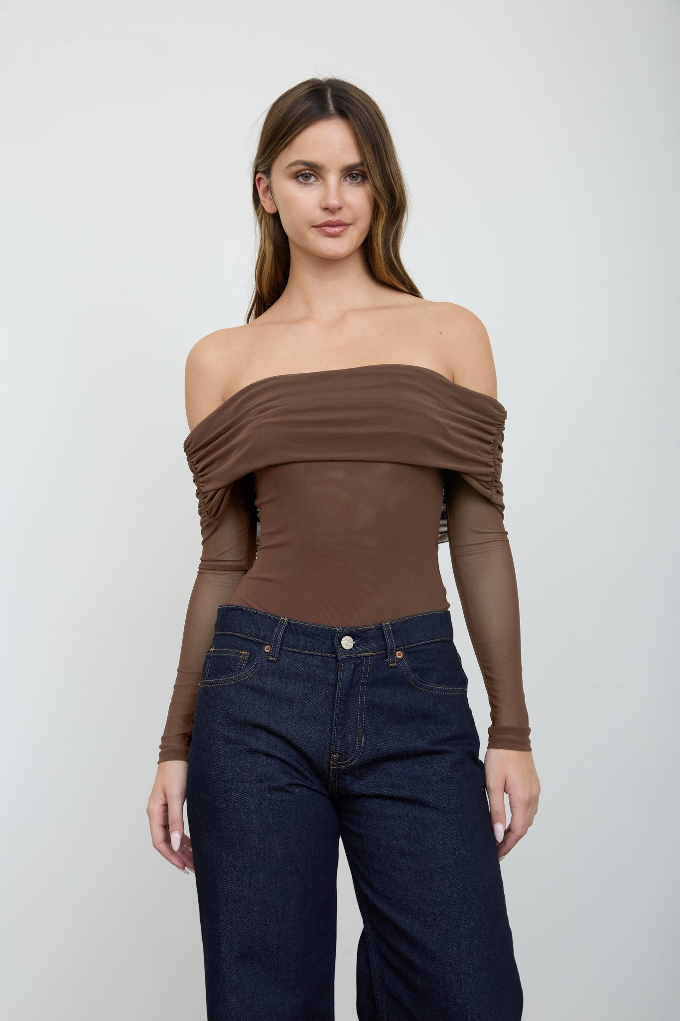 OFF-SHOULDER SHEER LONG SLEEVE MESH BODYSUIT