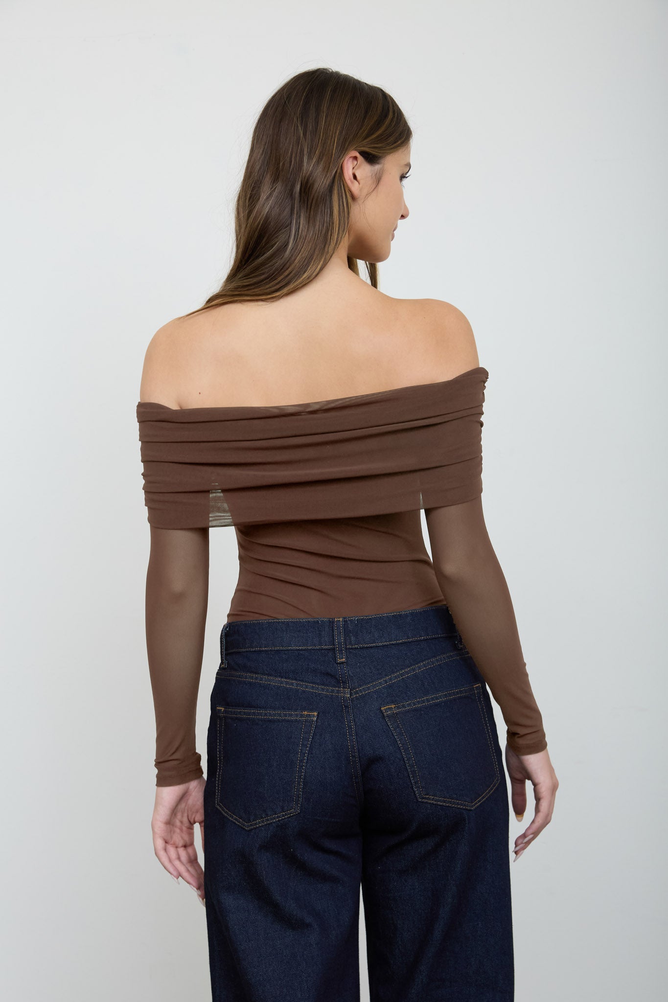 OFF-SHOULDER SHEER LONG SLEEVE MESH BODYSUIT