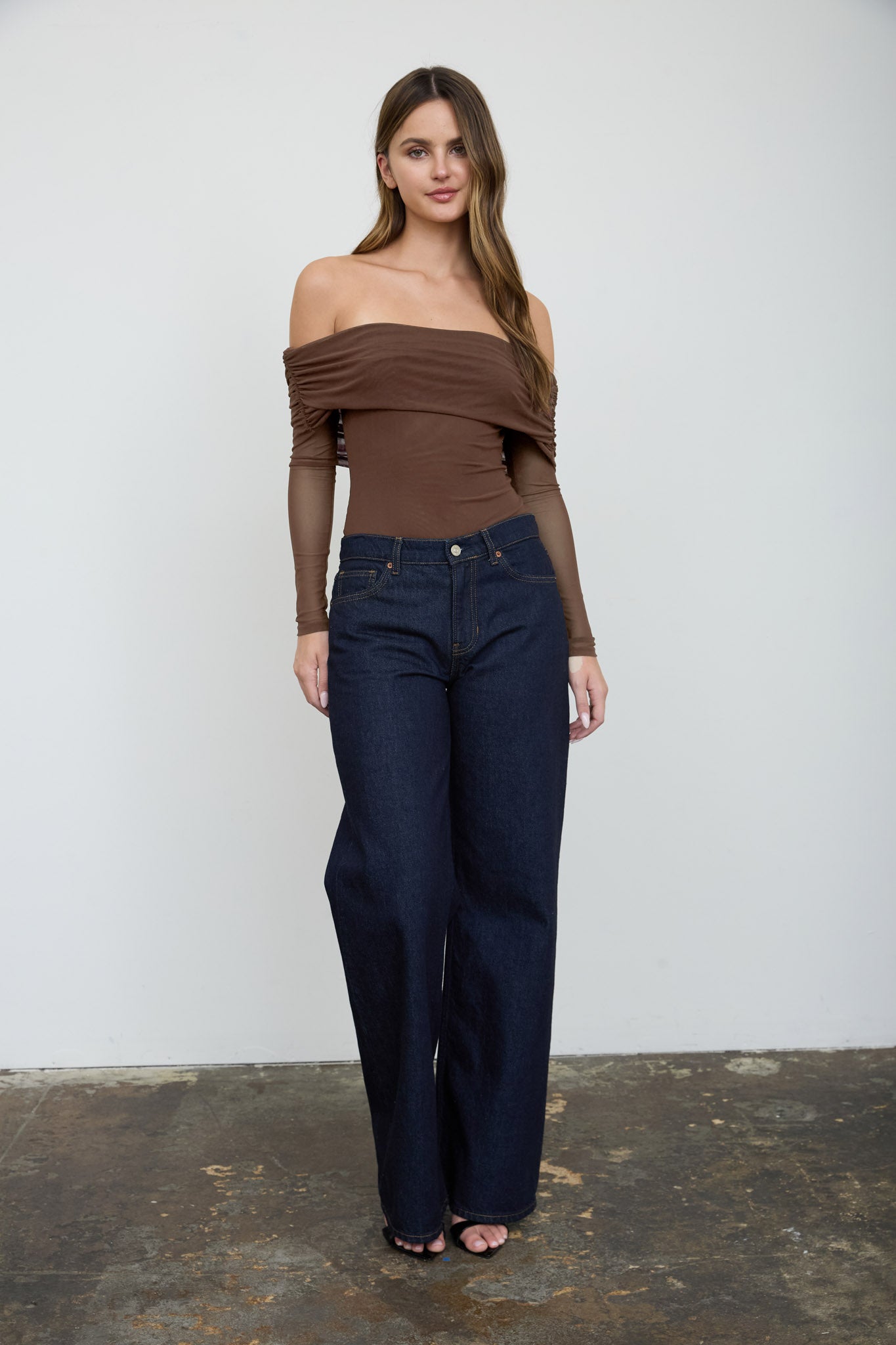 OFF-SHOULDER SHEER LONG SLEEVE MESH BODYSUIT
