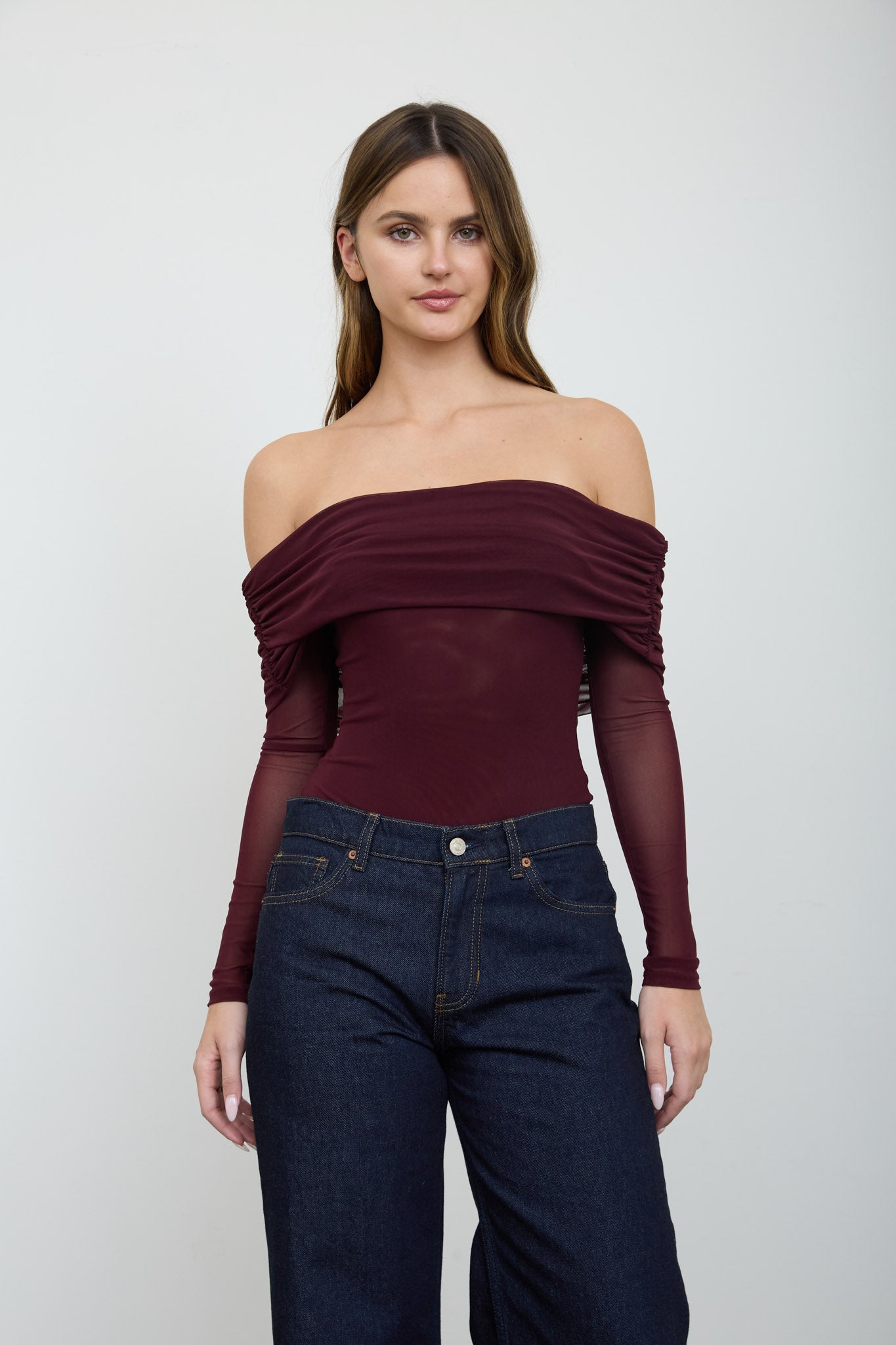 OFF-SHOULDER SHEER LONG SLEEVE MESH BODYSUIT