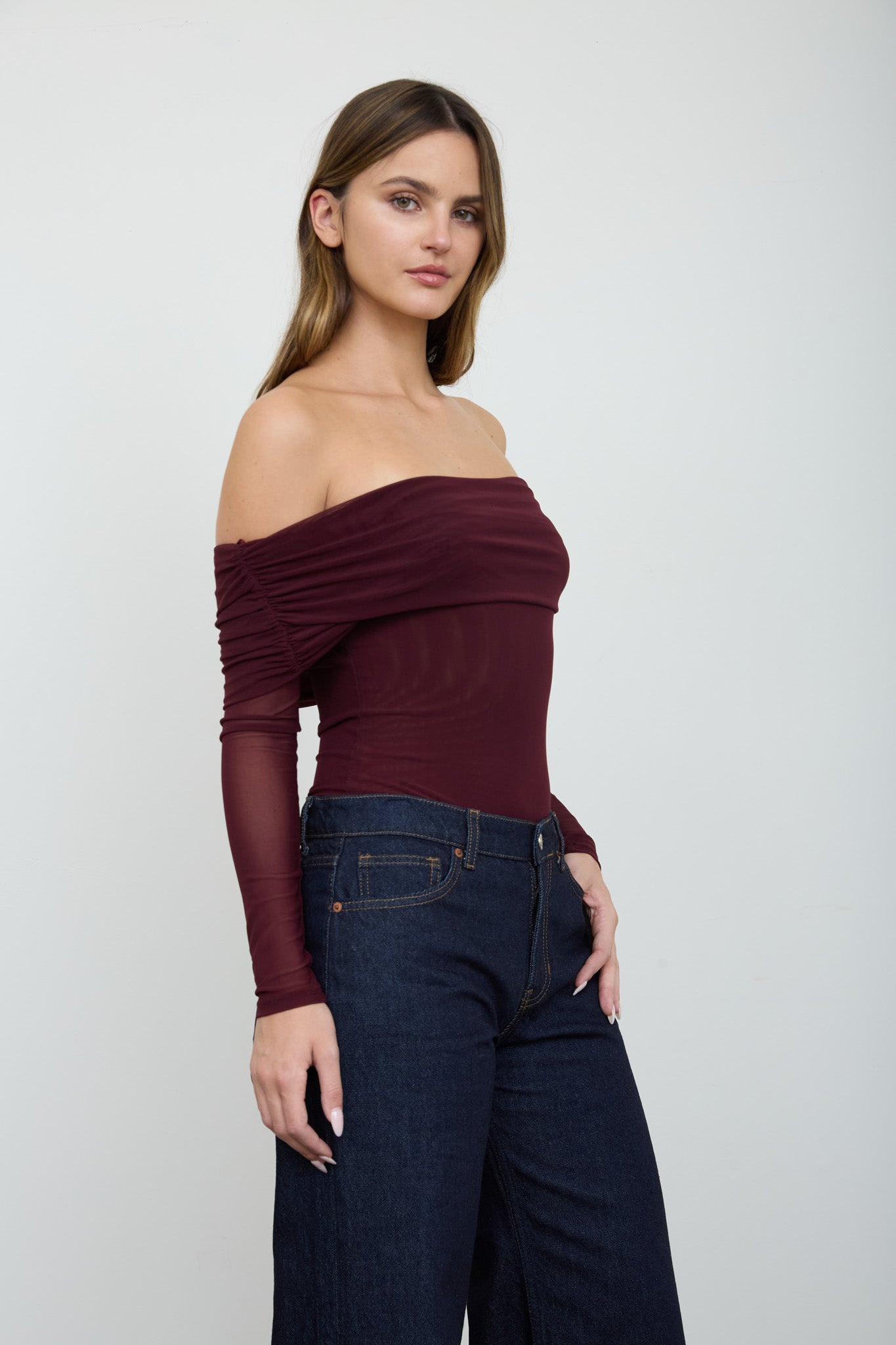 OFF-SHOULDER SHEER LONG SLEEVE MESH BODYSUIT