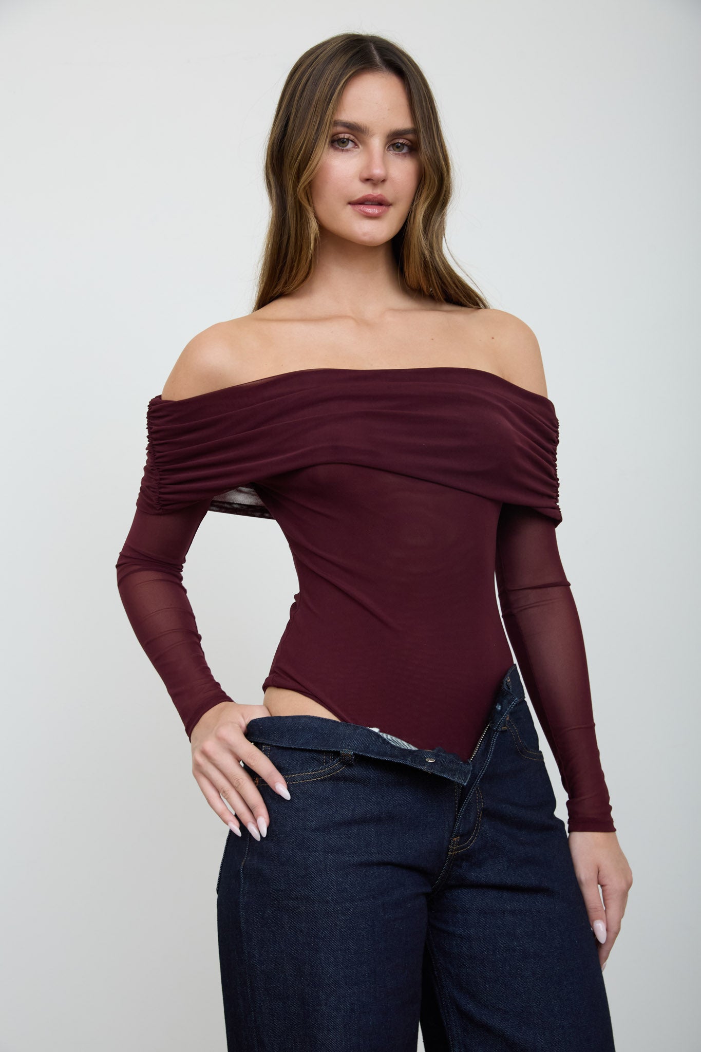 OFF-SHOULDER SHEER LONG SLEEVE MESH BODYSUIT