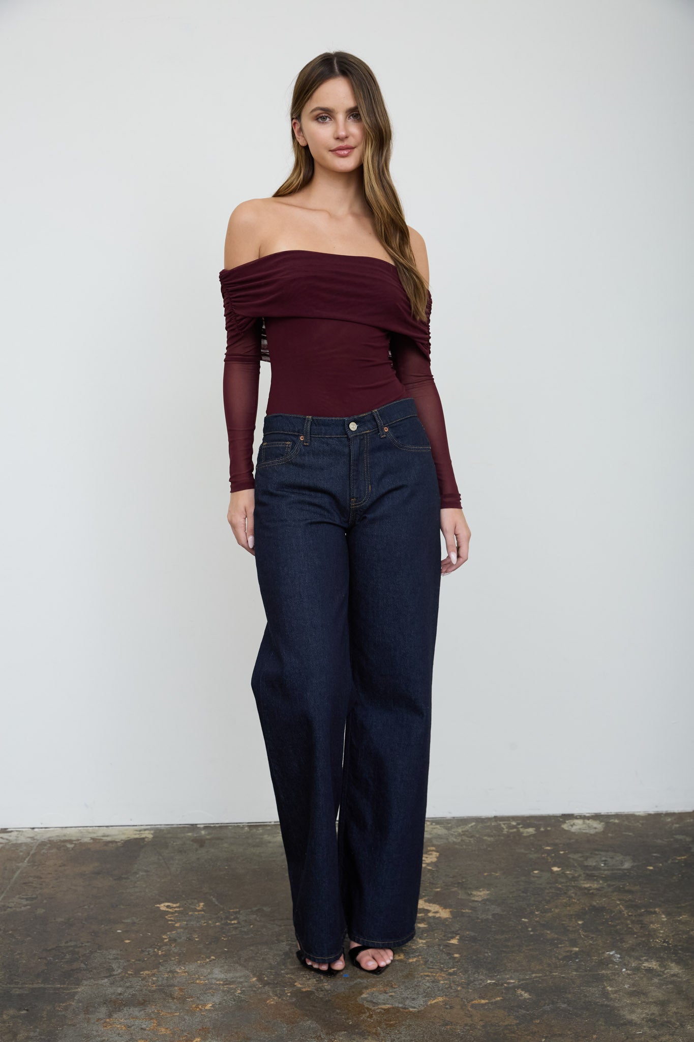 OFF-SHOULDER SHEER LONG SLEEVE MESH BODYSUIT