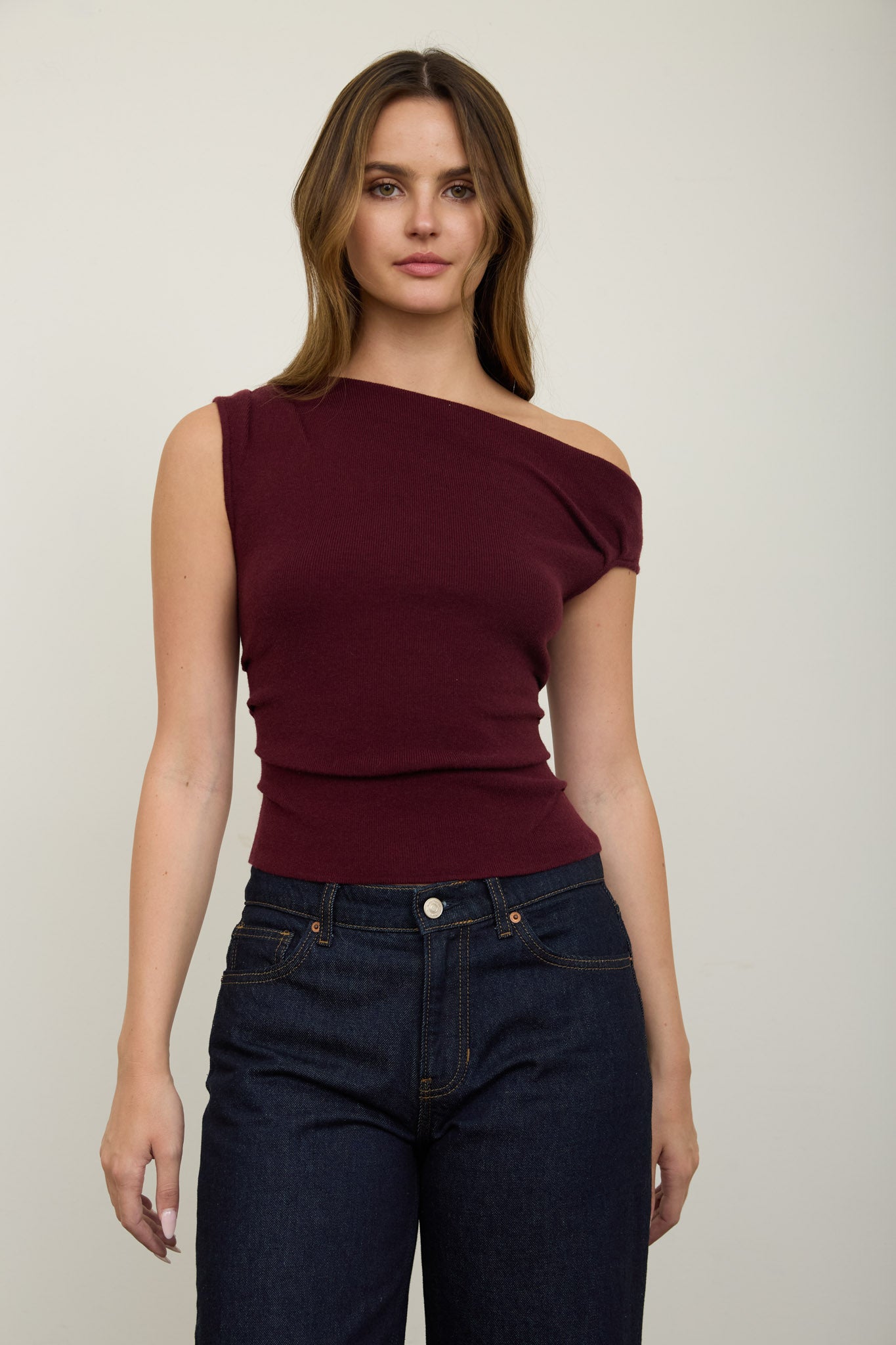 ASYMMETRIC BOAT NECK FITTED KNIT SWEATER TOP