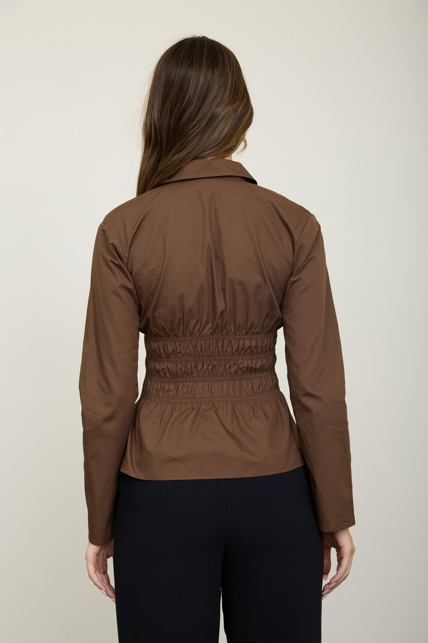 COLLARED BUTTON DOWN SHIRRED LONG SLEEVE TOP