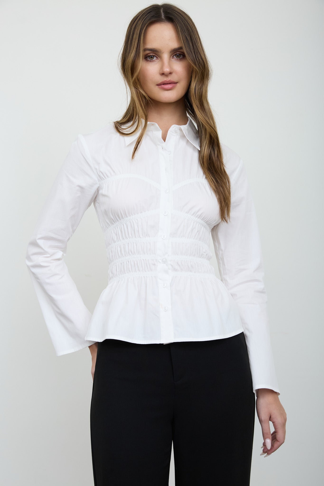 COLLARED BUTTON DOWN SHIRRED LONG SLEEVE TOP