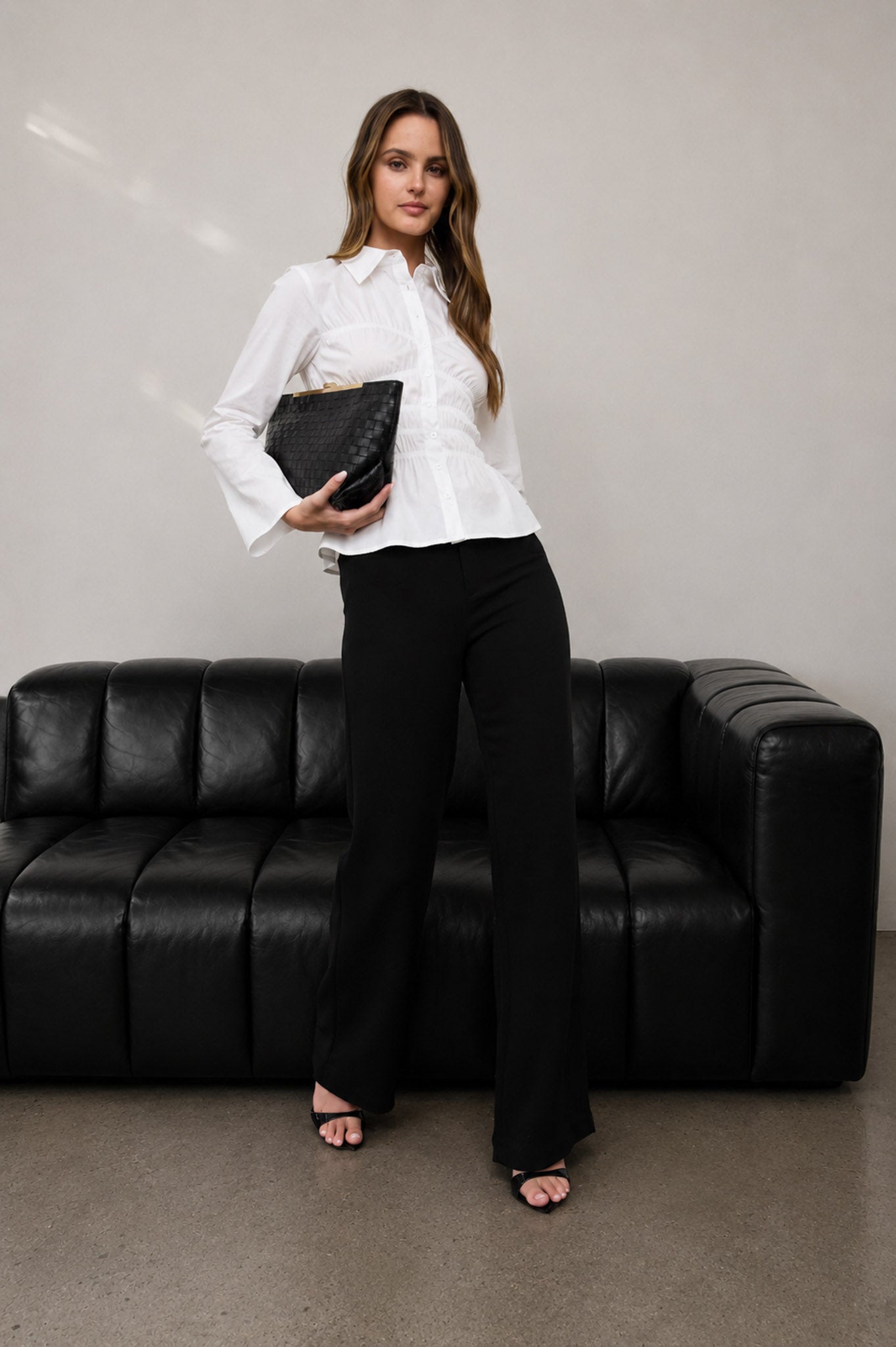 COLLARED BUTTON DOWN SHIRRED LONG SLEEVE TOP