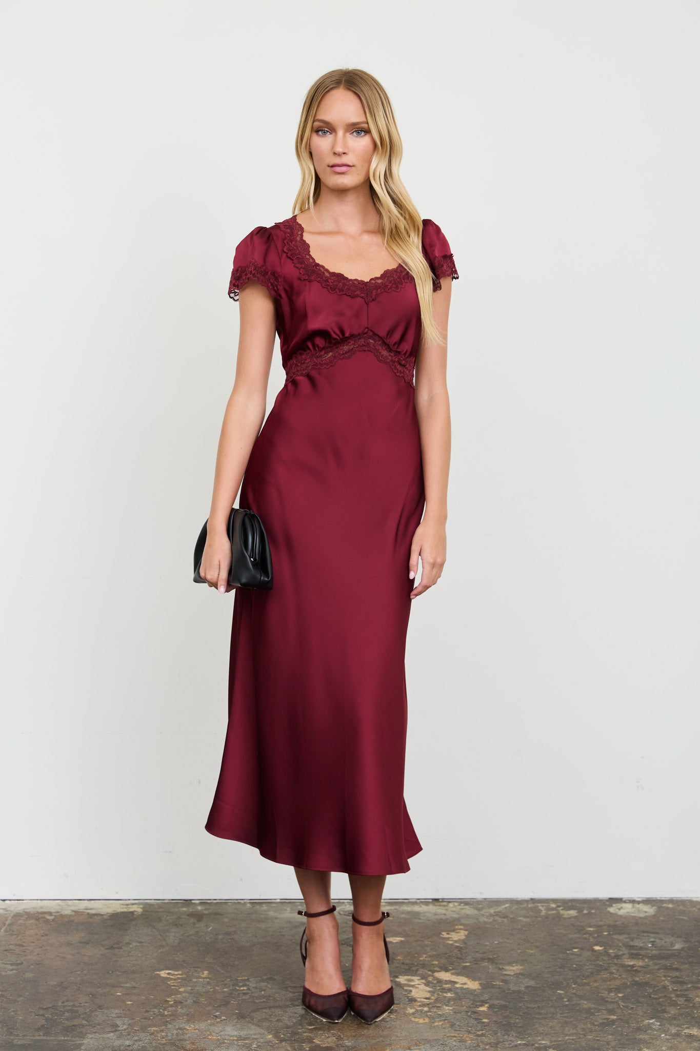 SATIN LACE TRIM PUFF SLEEVE MIDI DRESS