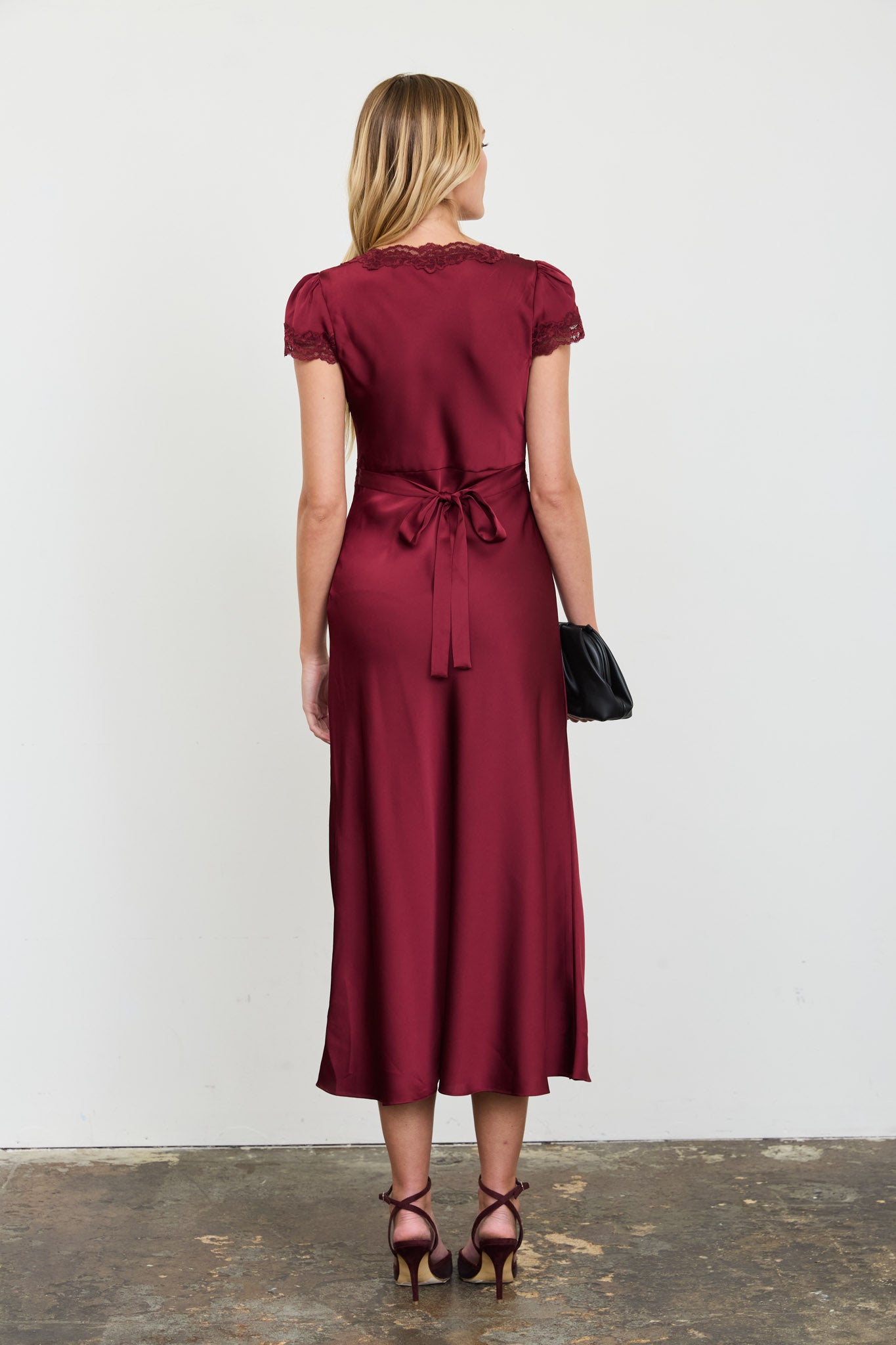 SATIN LACE TRIM PUFF SLEEVE MIDI DRESS