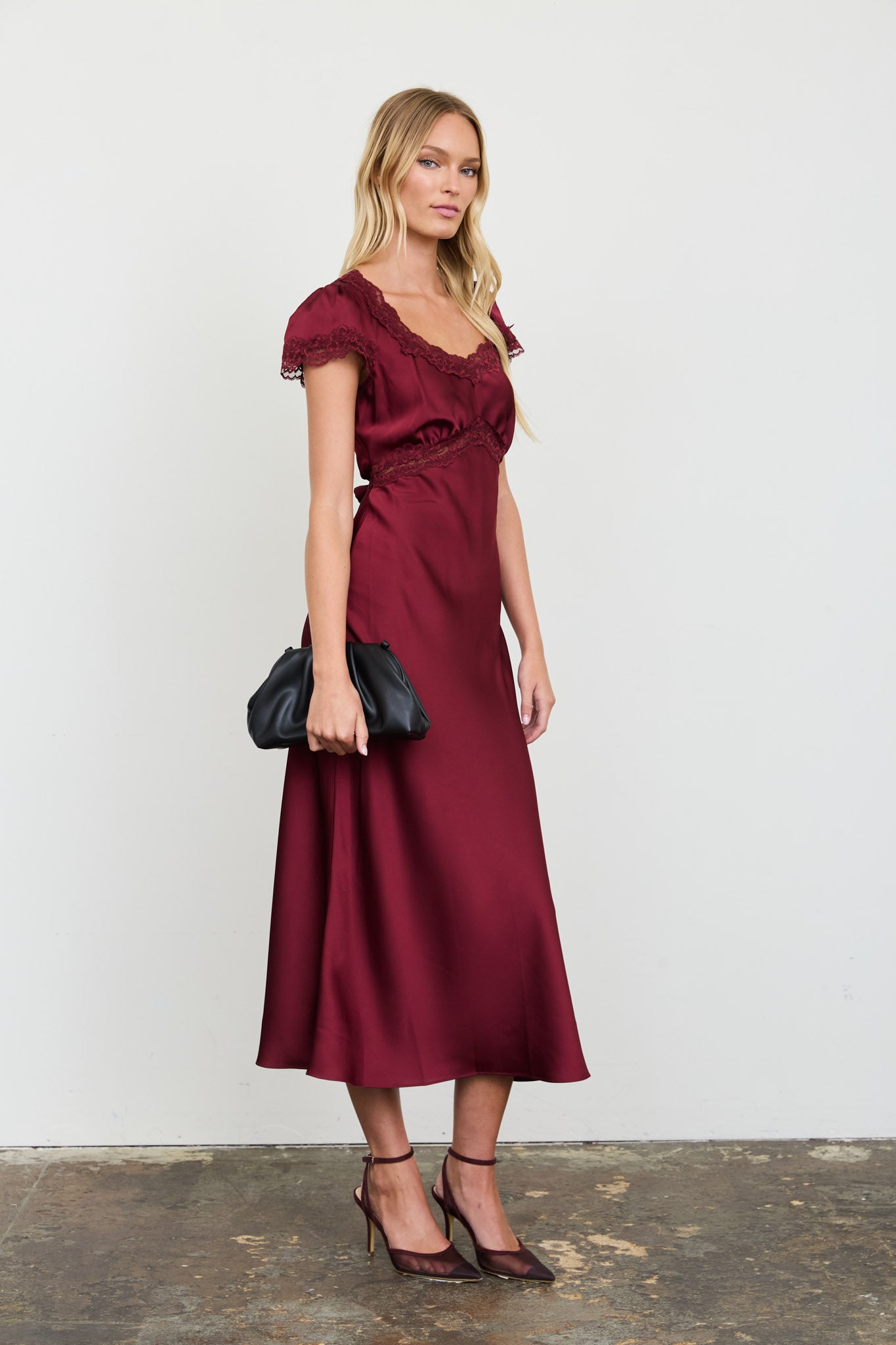 SATIN LACE TRIM PUFF SLEEVE MIDI DRESS
