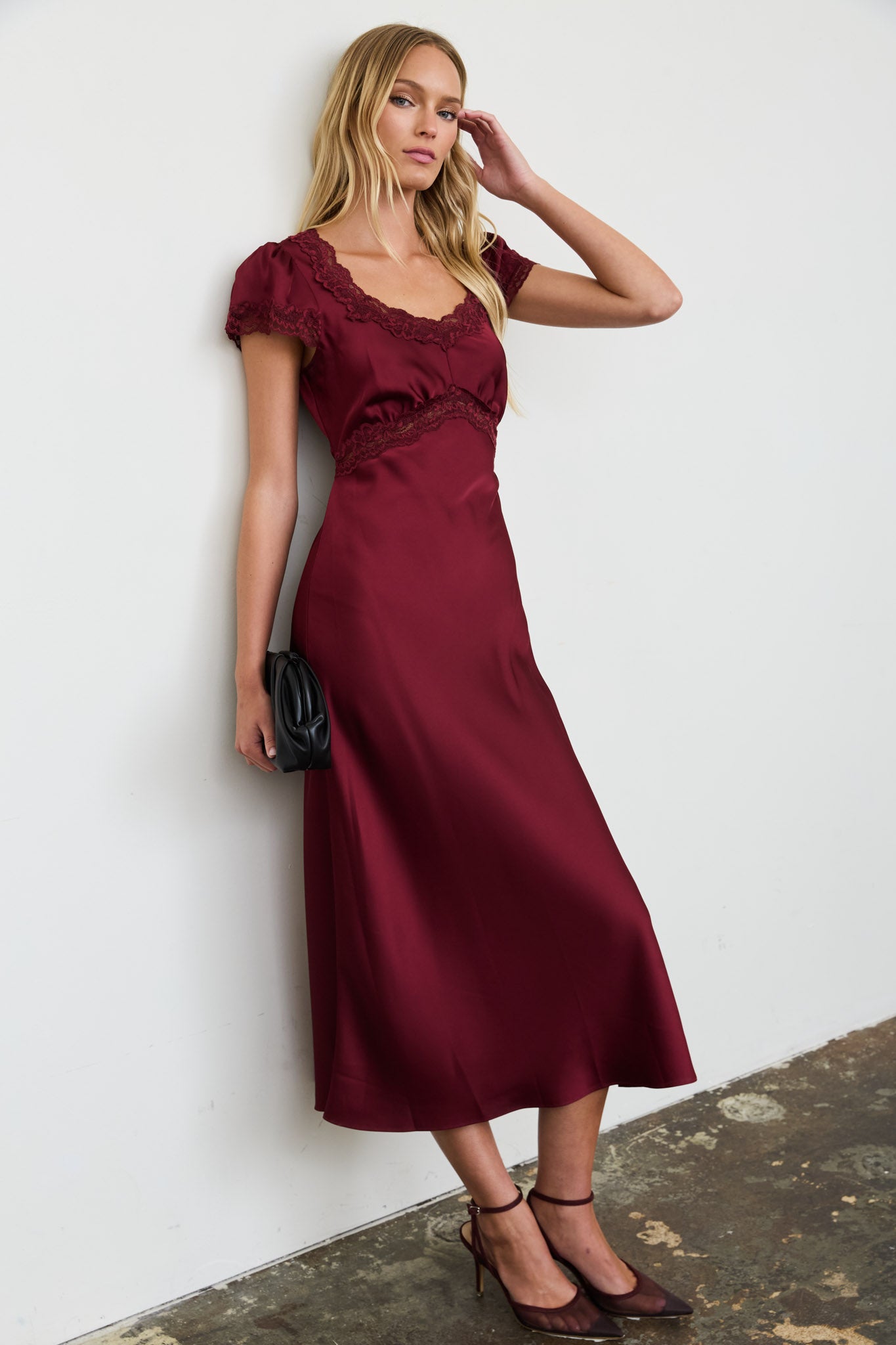 SATIN LACE TRIM PUFF SLEEVE MIDI DRESS