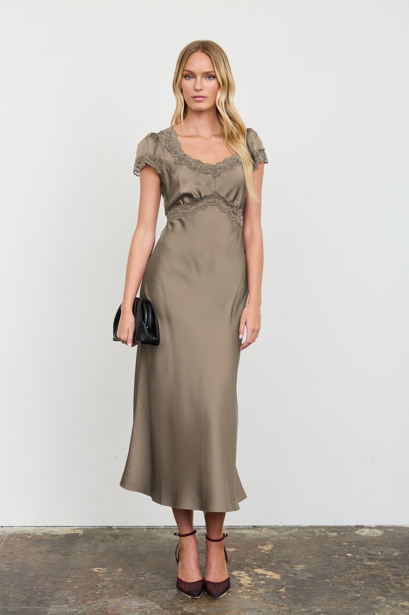 SATIN LACE TRIM PUFF SLEEVE MIDI DRESS