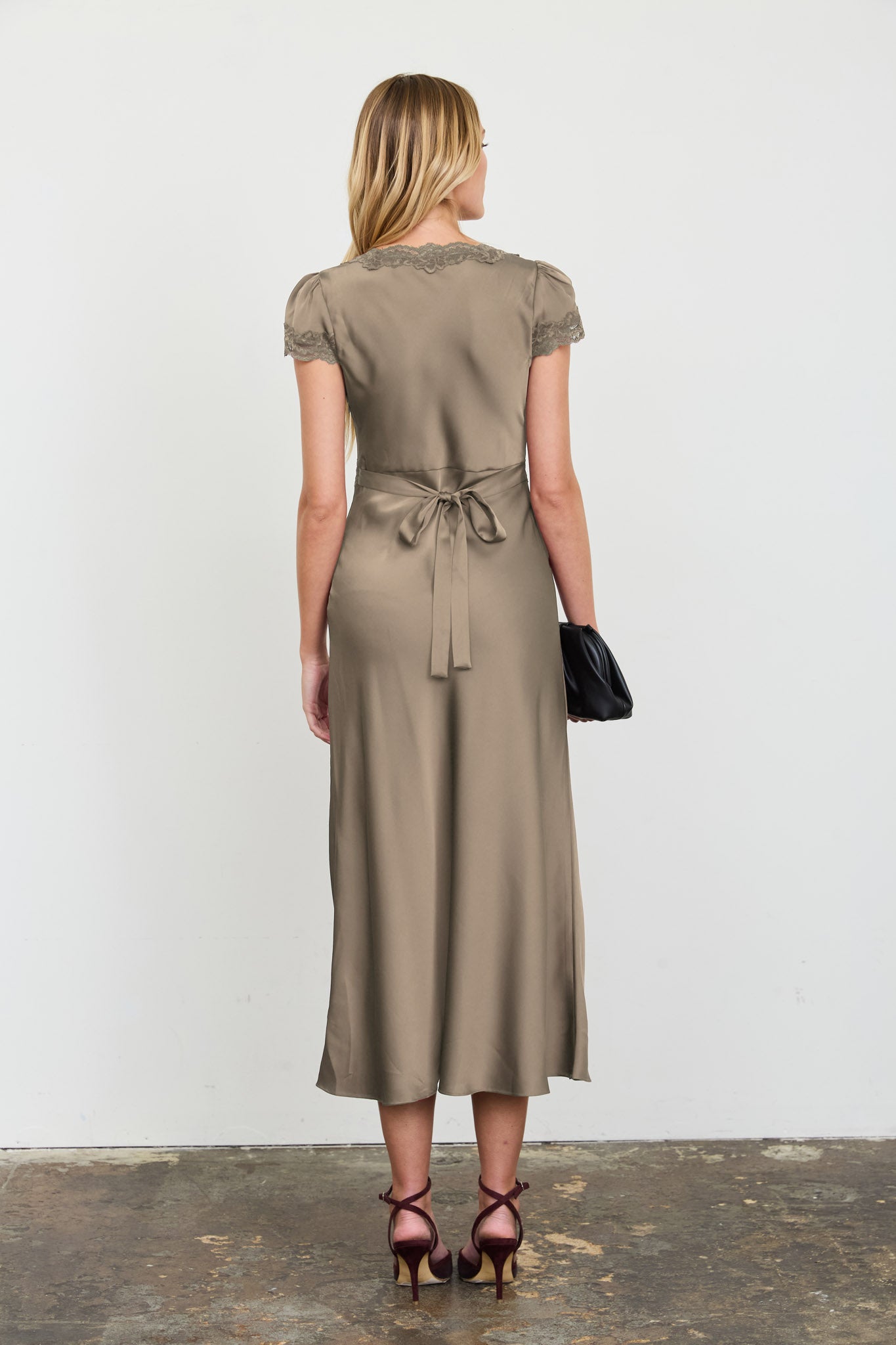 SATIN LACE TRIM PUFF SLEEVE MIDI DRESS
