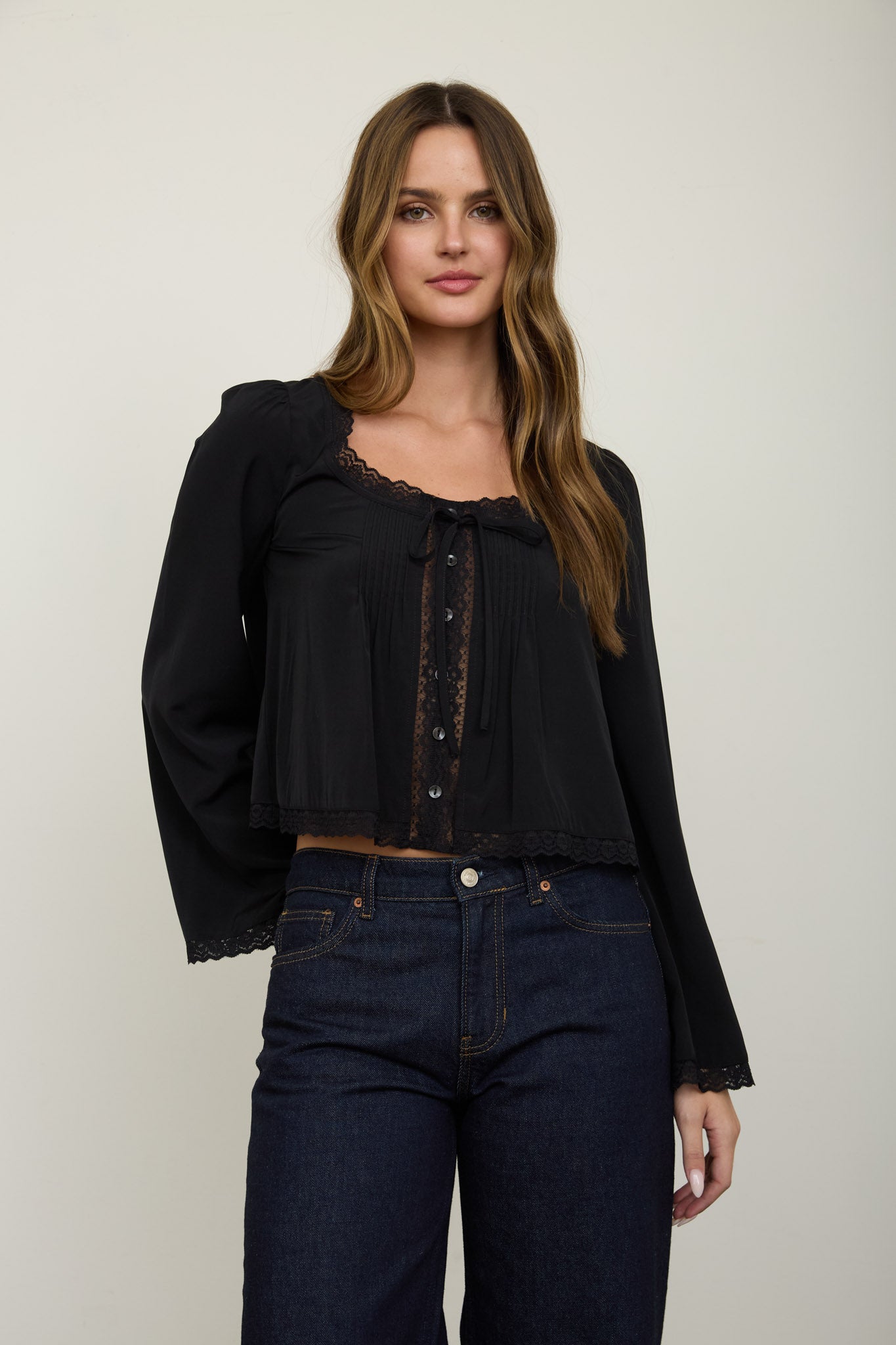 PIN TUCK LACE TRIM FRONT TIE LONG SLEEVE BLOUSE