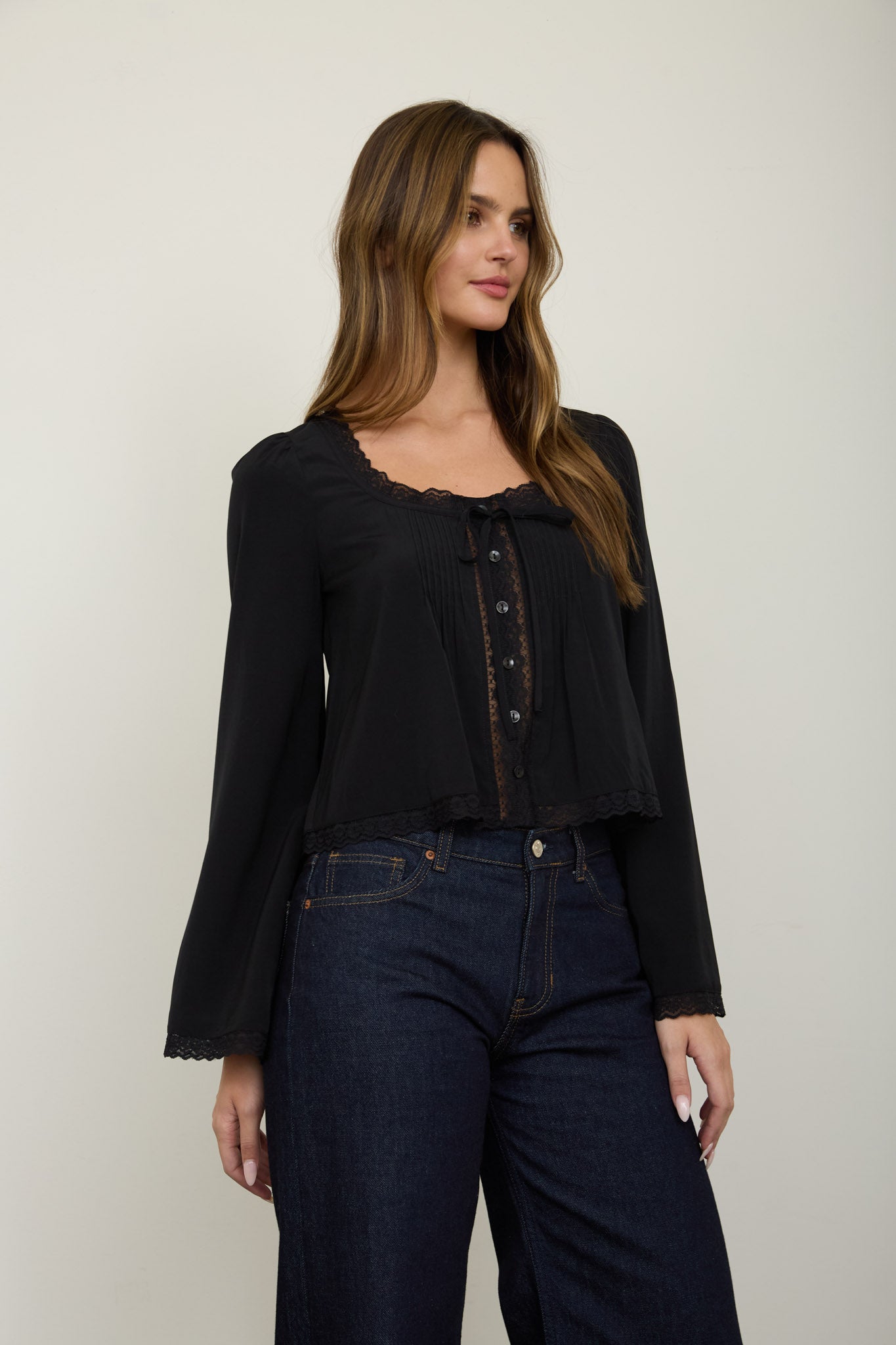 PIN TUCK LACE TRIM FRONT TIE LONG SLEEVE BLOUSE