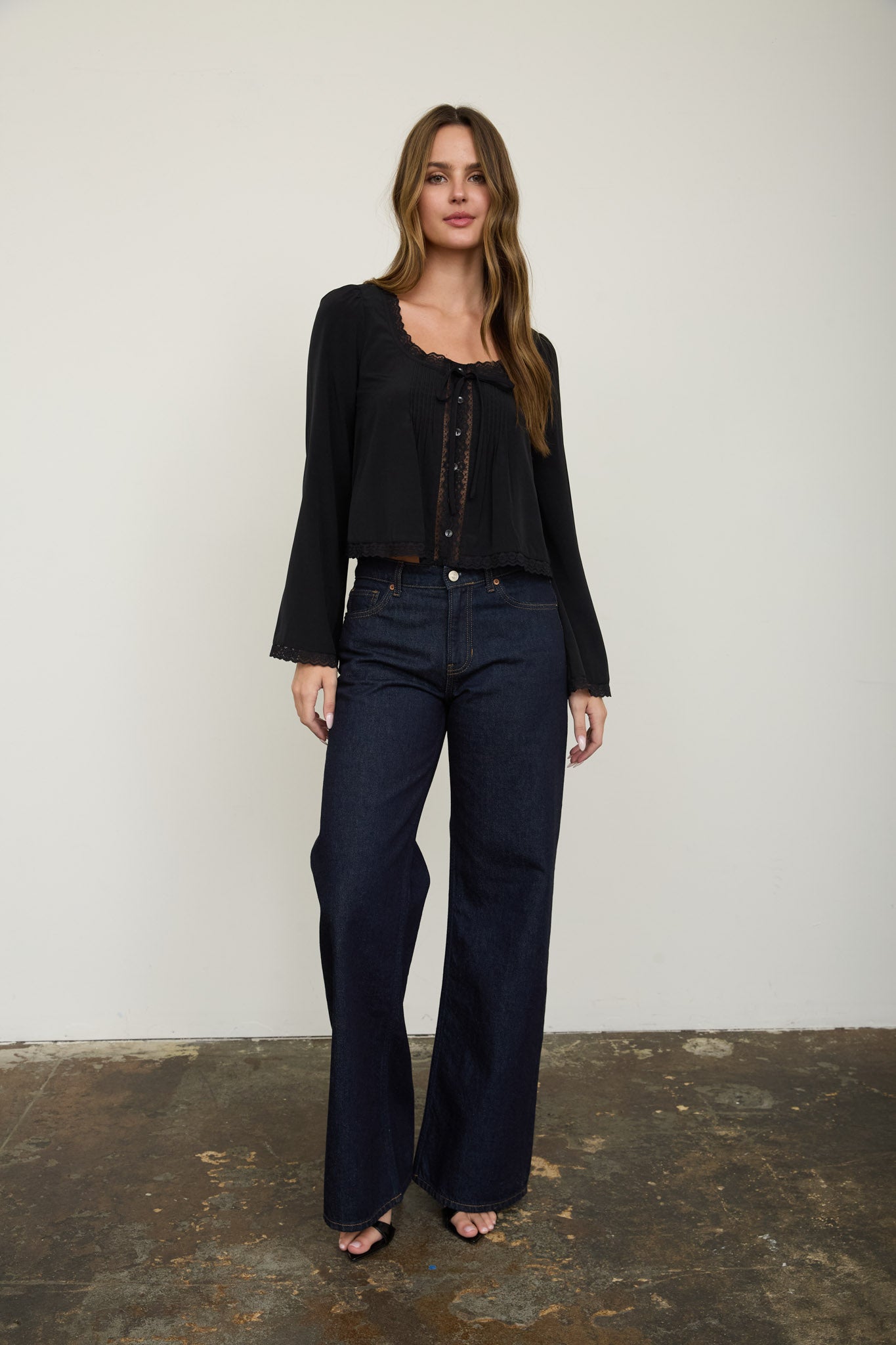 PIN TUCK LACE TRIM FRONT TIE LONG SLEEVE BLOUSE