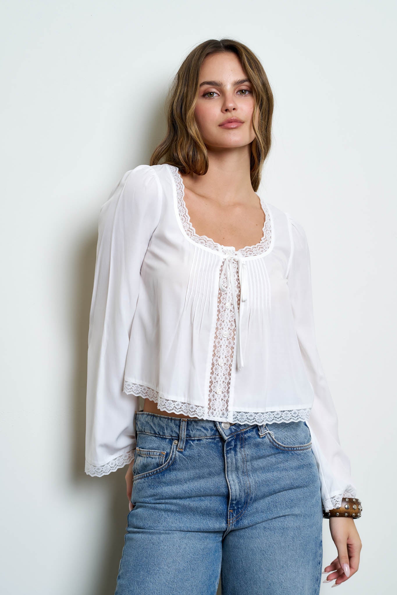 PIN TUCK LACE TRIM FRONT TIE LONG SLEEVE BLOUSE