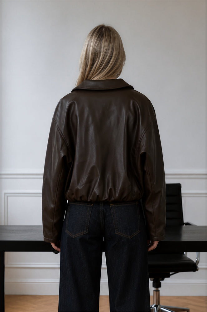 COLLARED ZIP-UP CROPPED FAUX LEATHER JACKET (PRE-ORDER)
