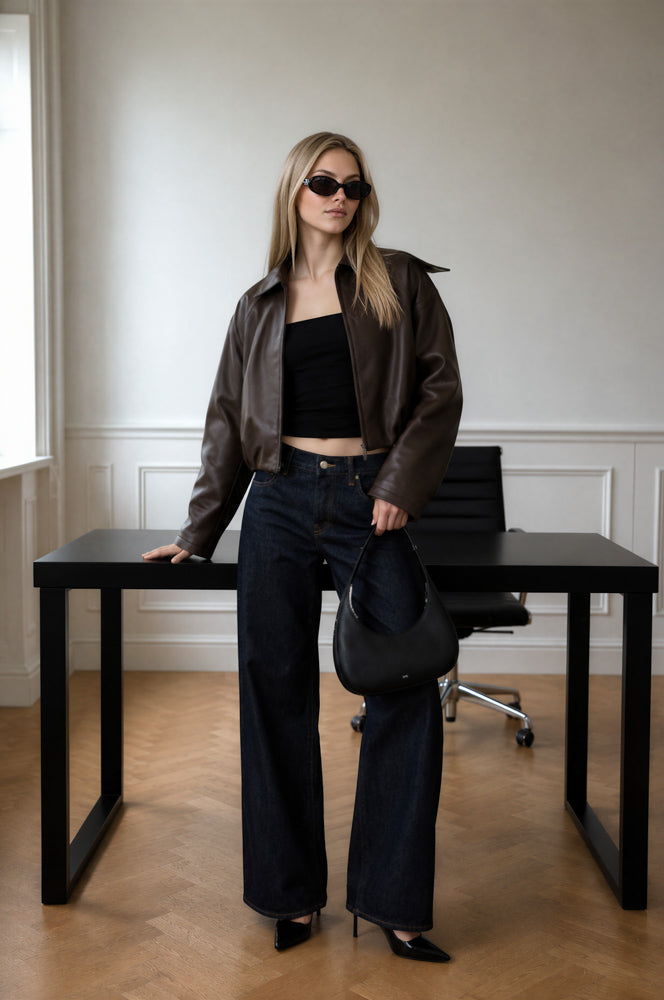 COLLARED ZIP-UP CROPPED FAUX LEATHER JACKET (PRE-ORDER)