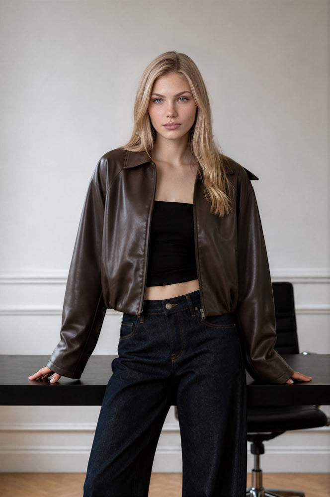 COLLARED ZIP-UP CROPPED FAUX LEATHER JACKET (PRE-ORDER)