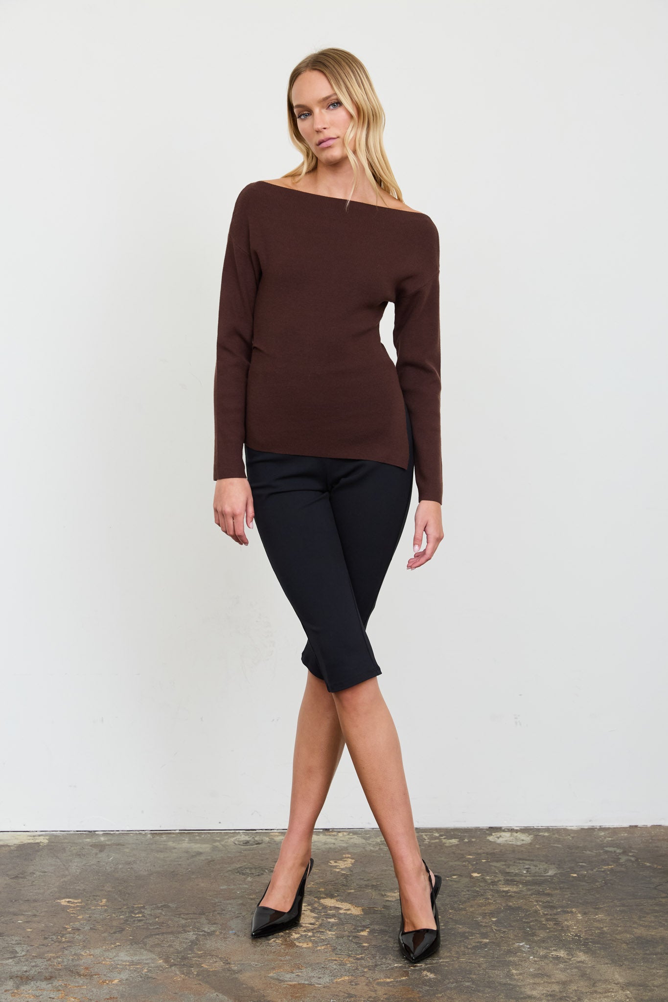 BOAT NECK DOLMAN LONG SLEEVE KNIT SWEATER