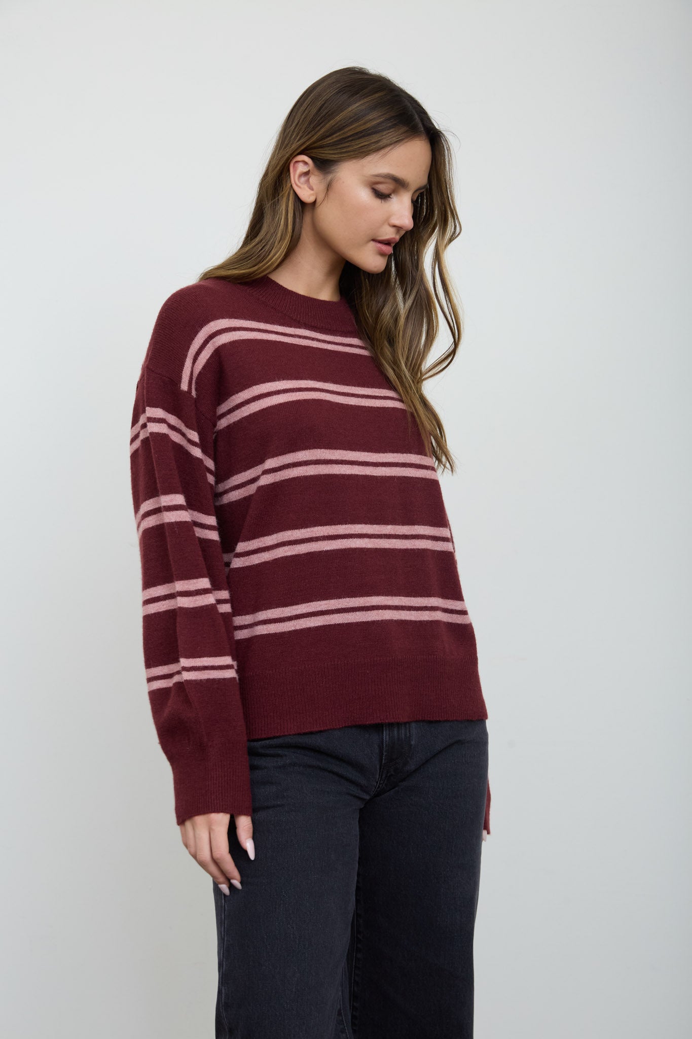 STRIPE DROP SLEEVE CREW NECK KNIT PULLOVER (PRE-ORDER)