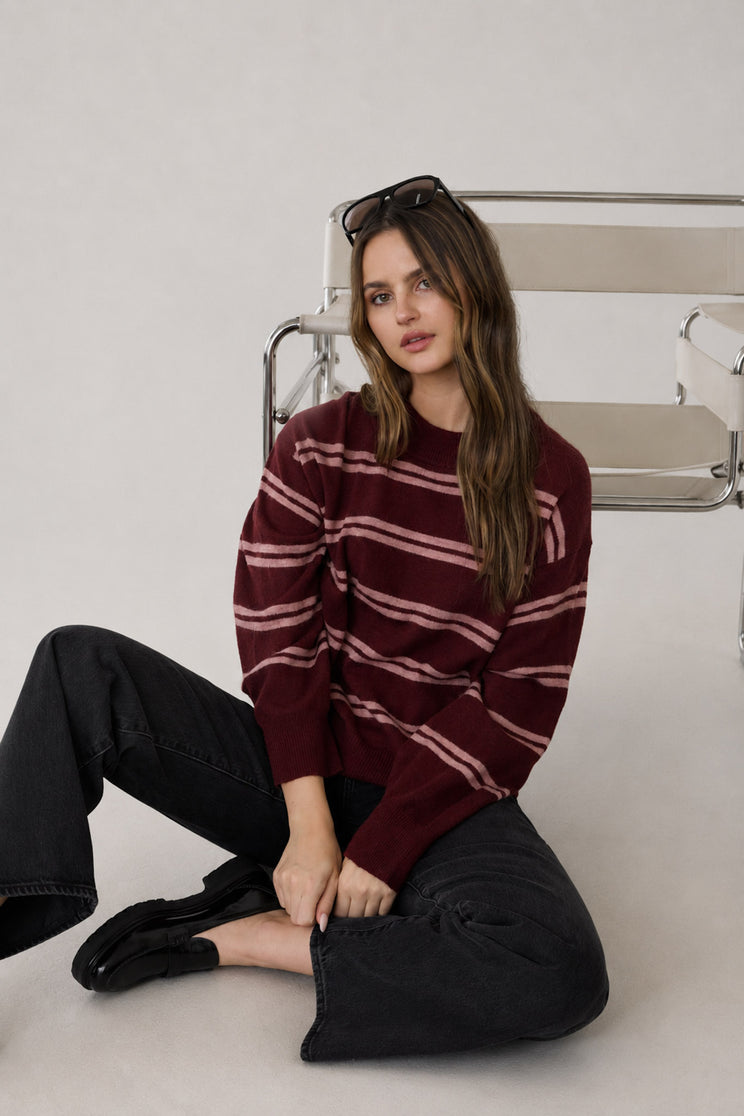 STRIPE DROP SLEEVE CREW NECK KNIT PULLOVER (PRE-ORDER)