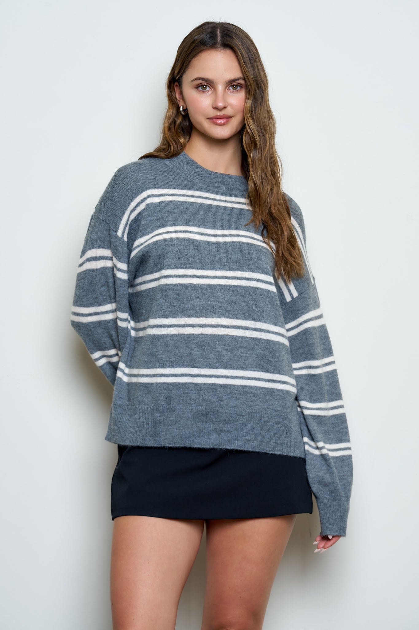 STRIPE DROP SLEEVE CREW NECK KNIT PULLOVER (PRE-ORDER)