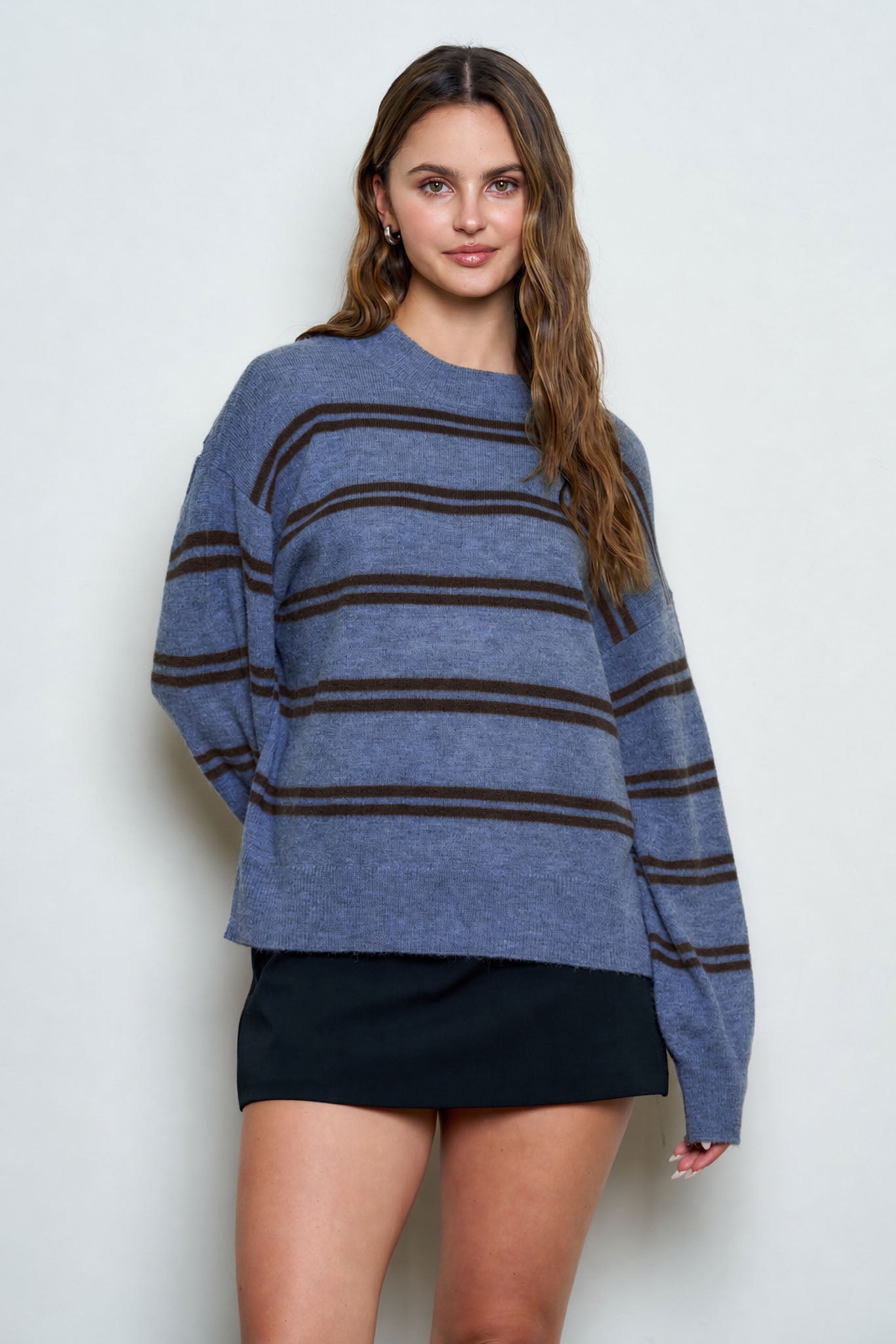 STRIPE DROP SLEEVE CREW NECK KNIT PULLOVER (PRE-ORDER)