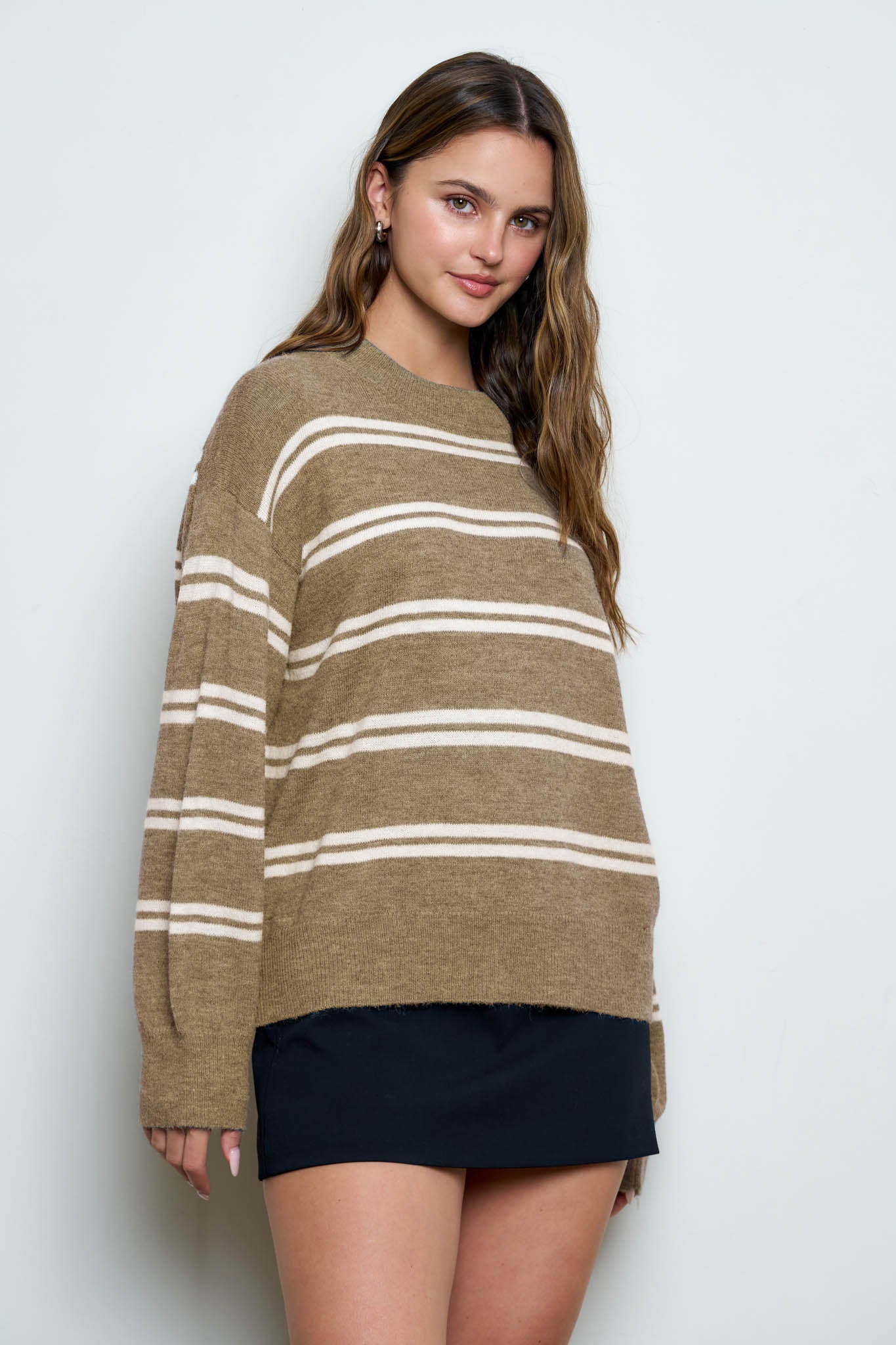 STRIPE DROP SLEEVE CREW NECK KNIT PULLOVER (PRE-ORDER)
