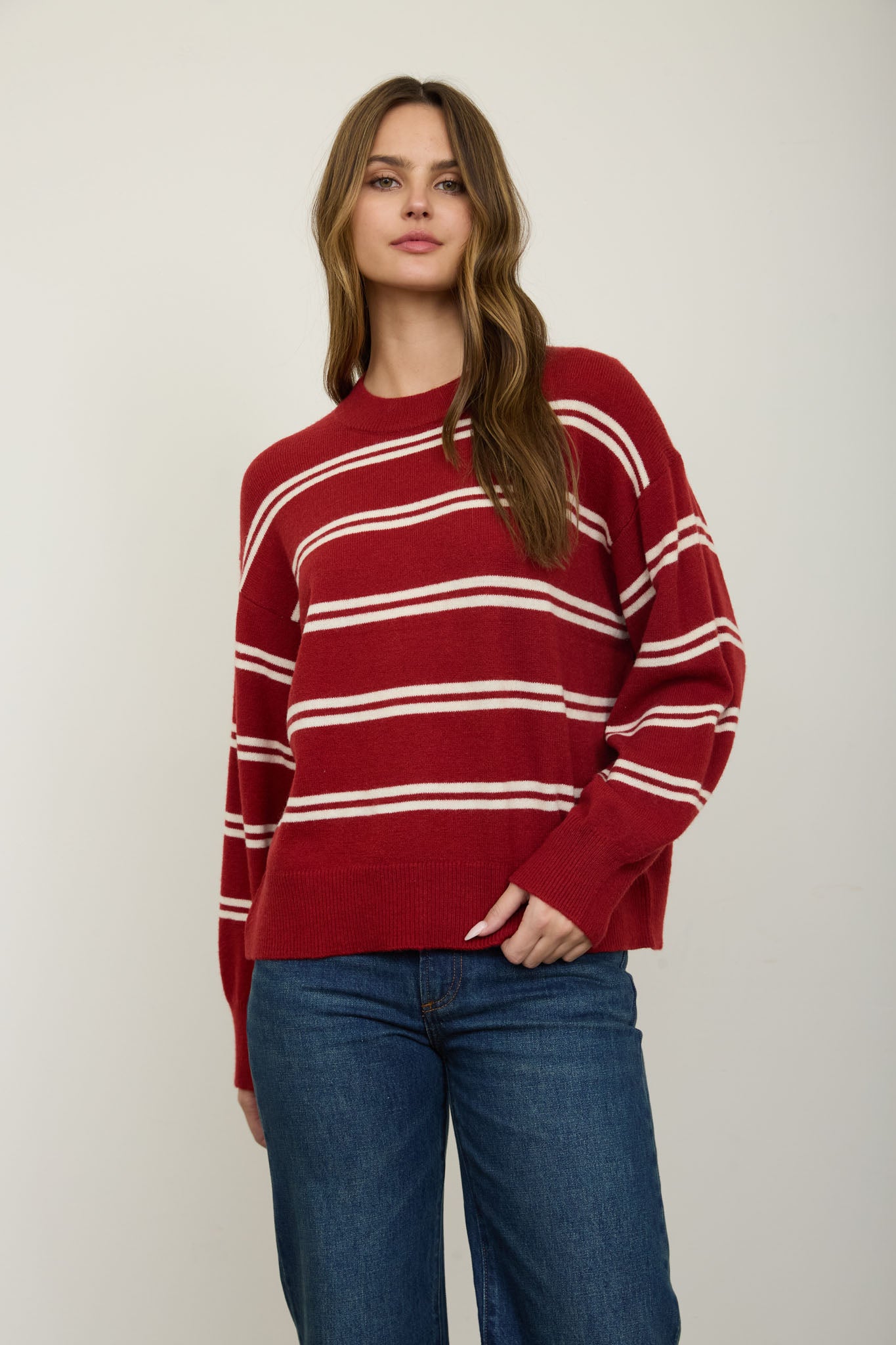 STRIPE DROP SLEEVE CREW NECK KNIT PULLOVER (PRE-ORDER)