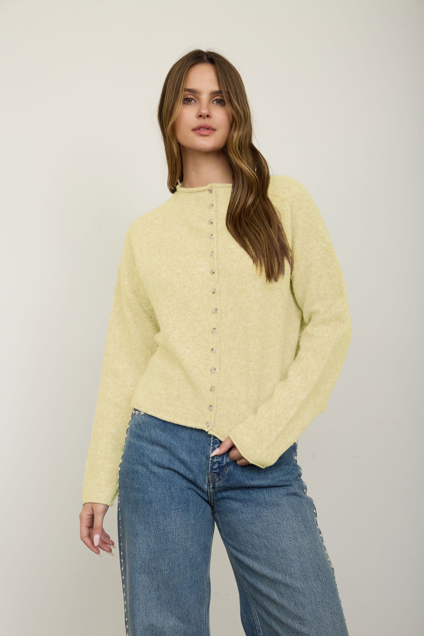 RAW EDGE MOCK NECK BUTTON DOWN CARDIGAN