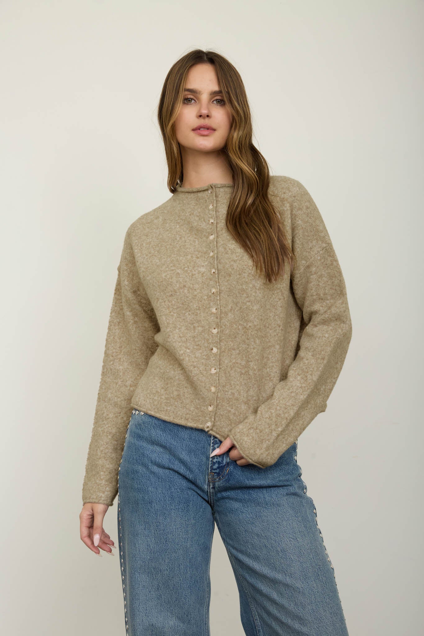 RAW EDGE MOCK NECK BUTTON DOWN CARDIGAN