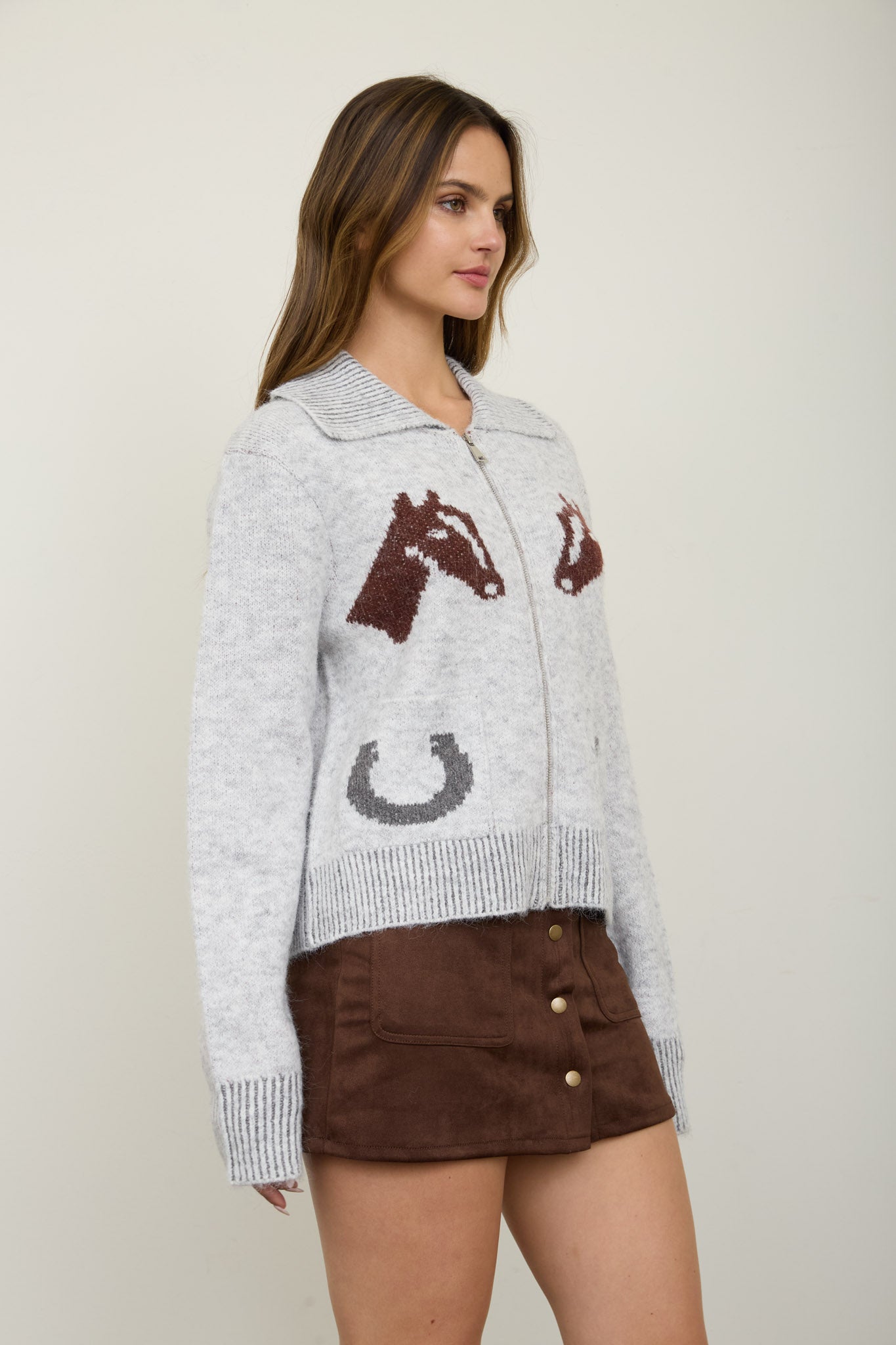 WESTERN JACQUARD COLLARED ZIP-UP KNIT CARDIGAN